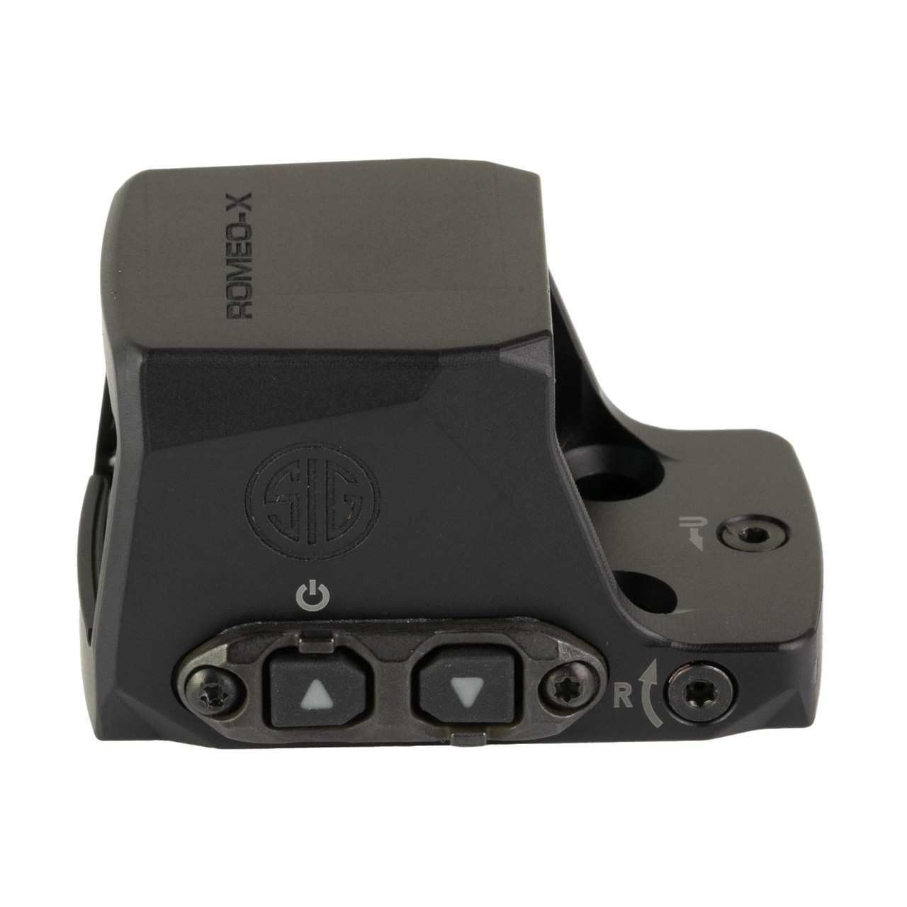 Sig Sauer SORX1400 ROMEO-X Compact Circle Dot Red Dot Sight - Rugged & Reliable Optics, close-up view of the black sight emphasizing its controls and branding.
