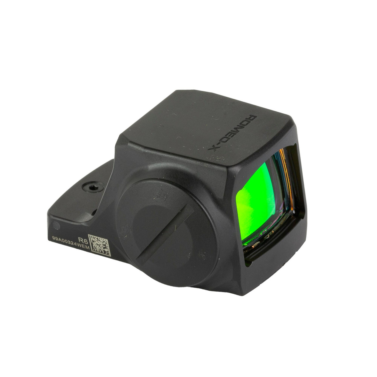 Sig Sauer SORX1460 ROMEO-X Compact 6 MOA Red Dot Sight - Durable & Reliable Optics, close-up of a black compact sight with green illuminated lens and adjustment knob.