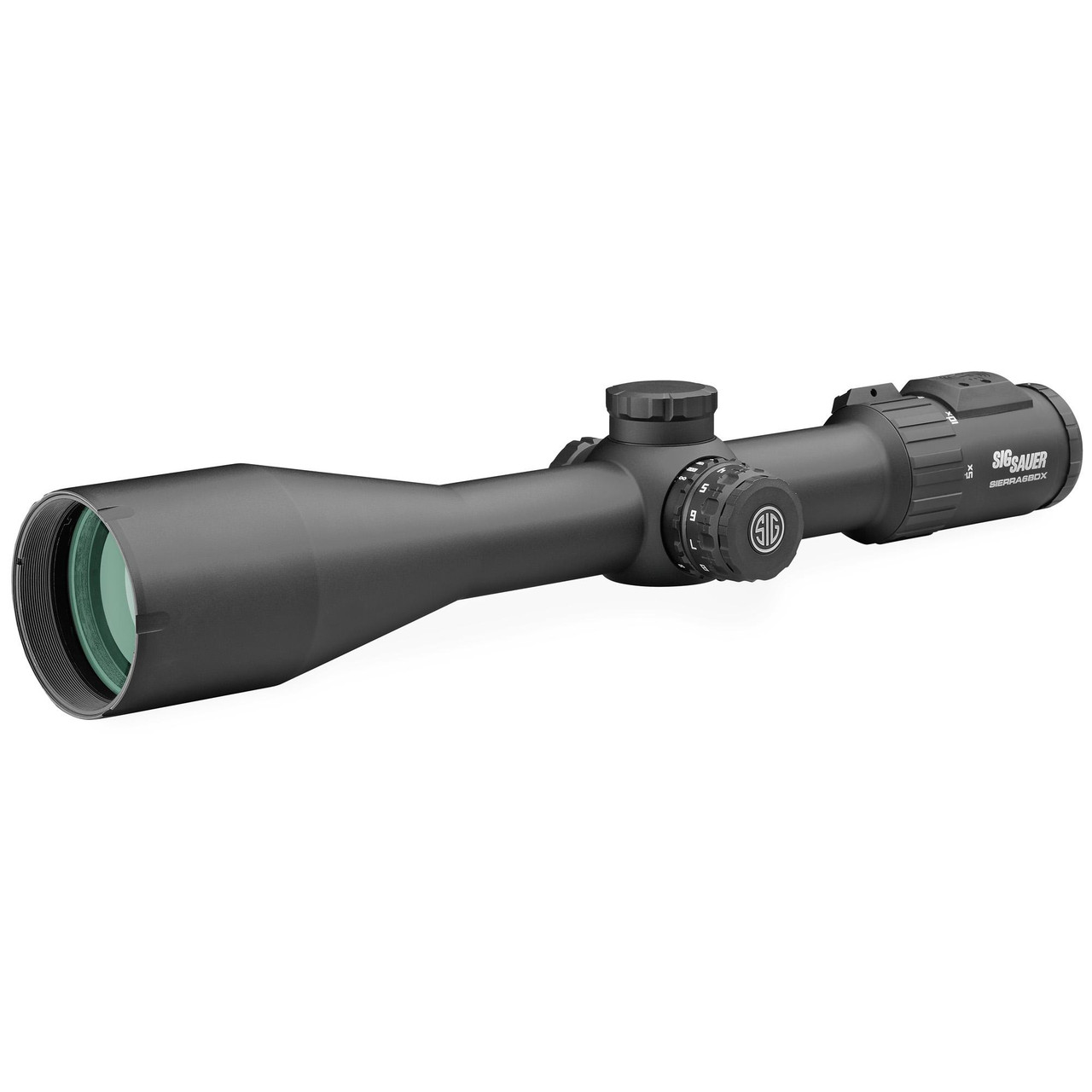 Sig Sauer Sierra6BDX 5-30x56 BDX-R2 Riflescope, black tactical scope with adjustable turrets and green-tinted lenses for precision shooting and advanced optics.