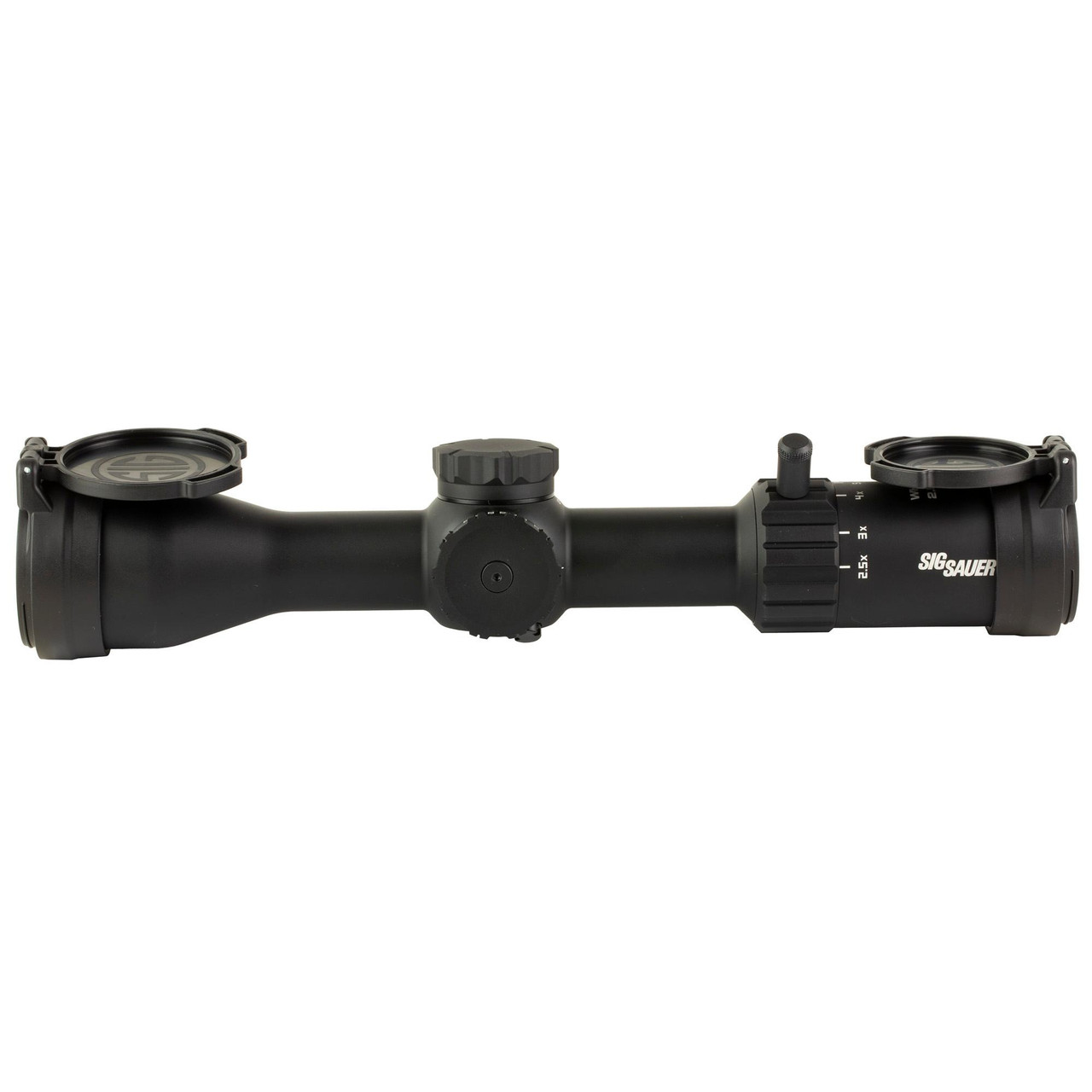 Sig Sauer WHISKEY4 2.5-10X42mm Quadplex Rifle Scope, black scope with adjustable turrets and lens caps for precision shooting and durability.
