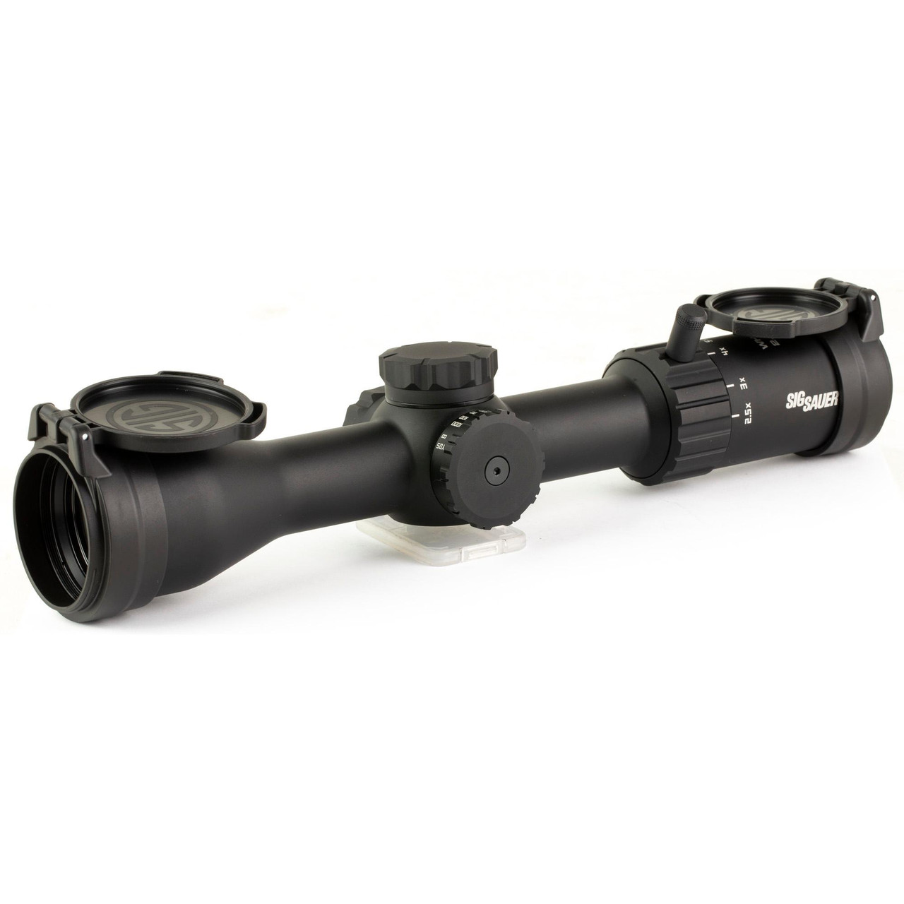 Sig Sauer WHISKEY4 2.5-10X42mm Quadplex Rifle Scope - Precision Shooting & Durability, black scope with adjustable dials and lens caps for accurate targeting.