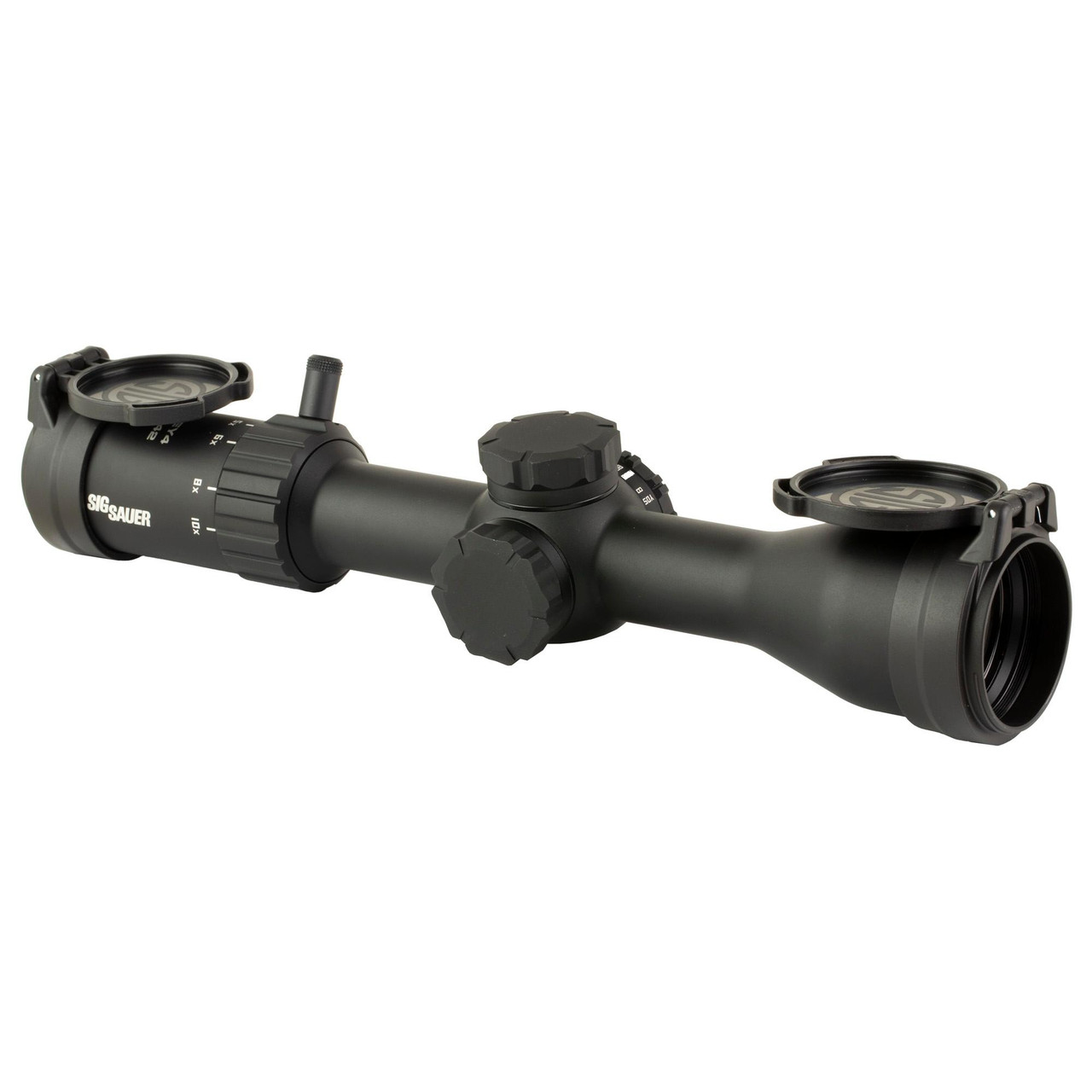 Sig Sauer WHISKEY4 2.5-10X42mm Quadplex Rifle Scope - Precision Shooting & Durability, black long-range riflescope with adjustable dials and lens covers for outdoor hunting and shooting.