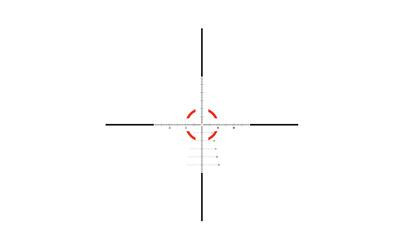 Trijicon Credo 1-10x28 FFP MRAD R/G, reticle view with red and green illuminated crosshairs and MOA/MRAD markings for precision targeting.