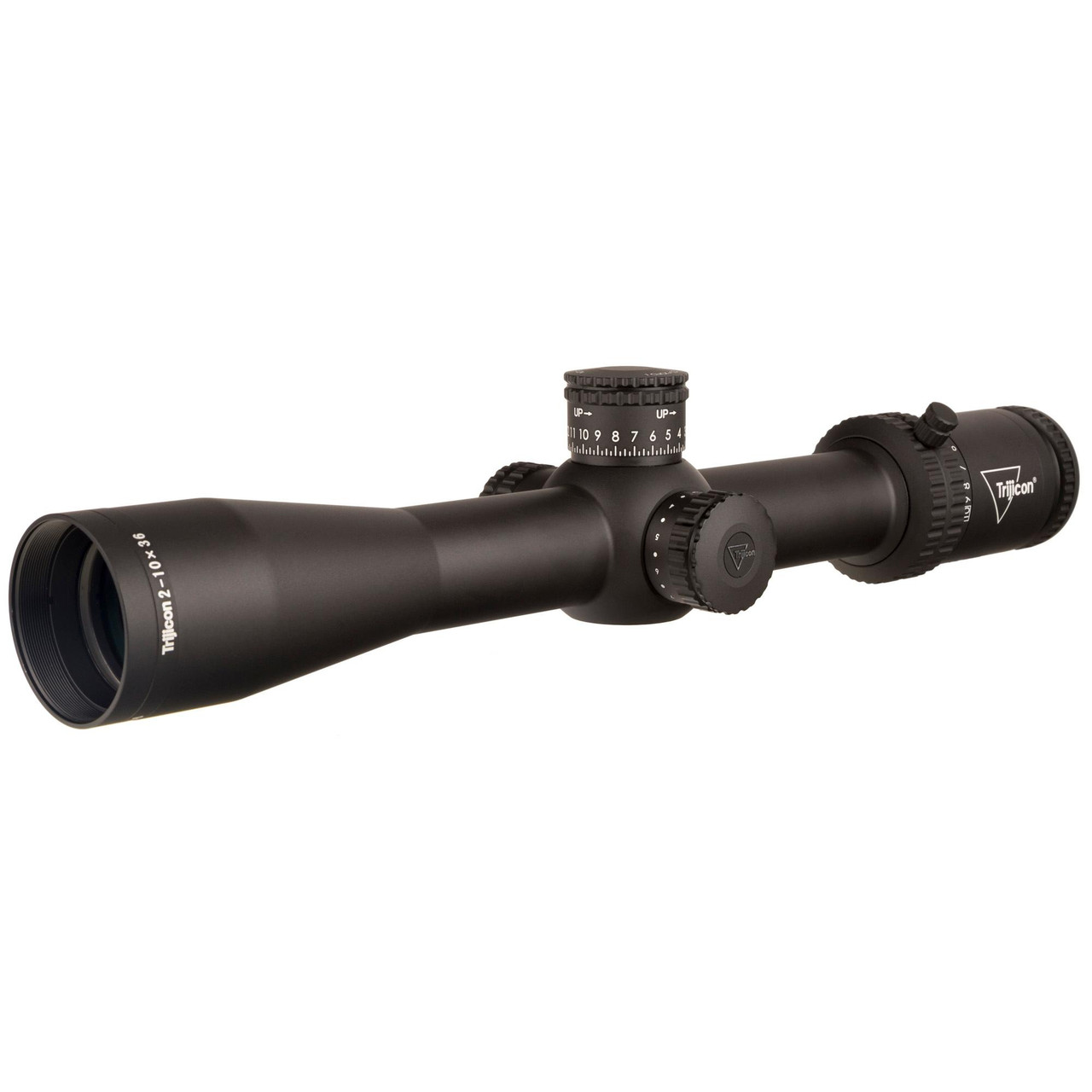 Trijicon Credo 2-10x36 Ffp Moa Red rifle scope, black high-precision tactical scope with adjustable magnification and red illuminated reticle.