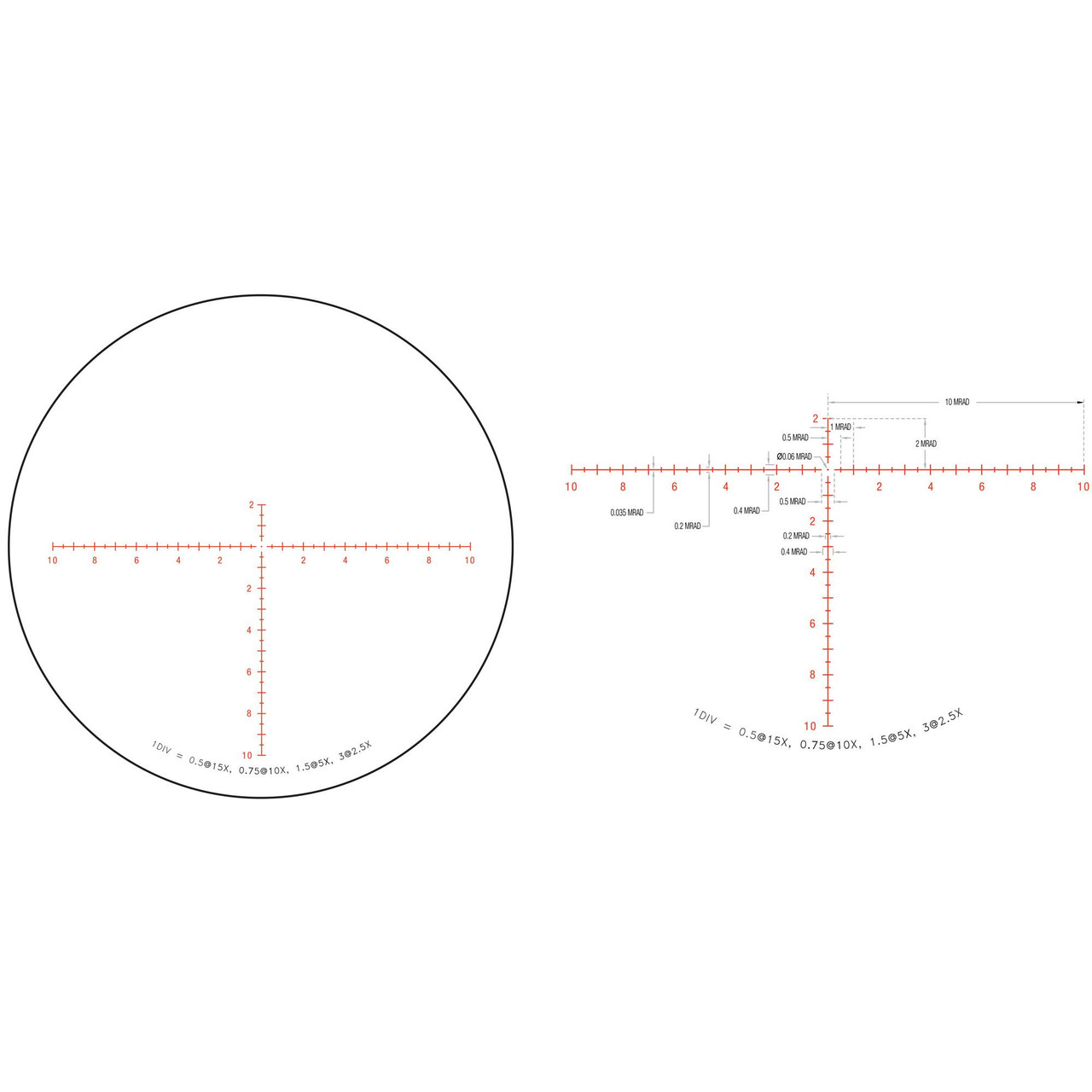 Trijicon Credo 2.5-15x42 SFP MRAD Rd, rifle scope reticle image, featuring detailed crosshair and measurement markings for precise shooting.