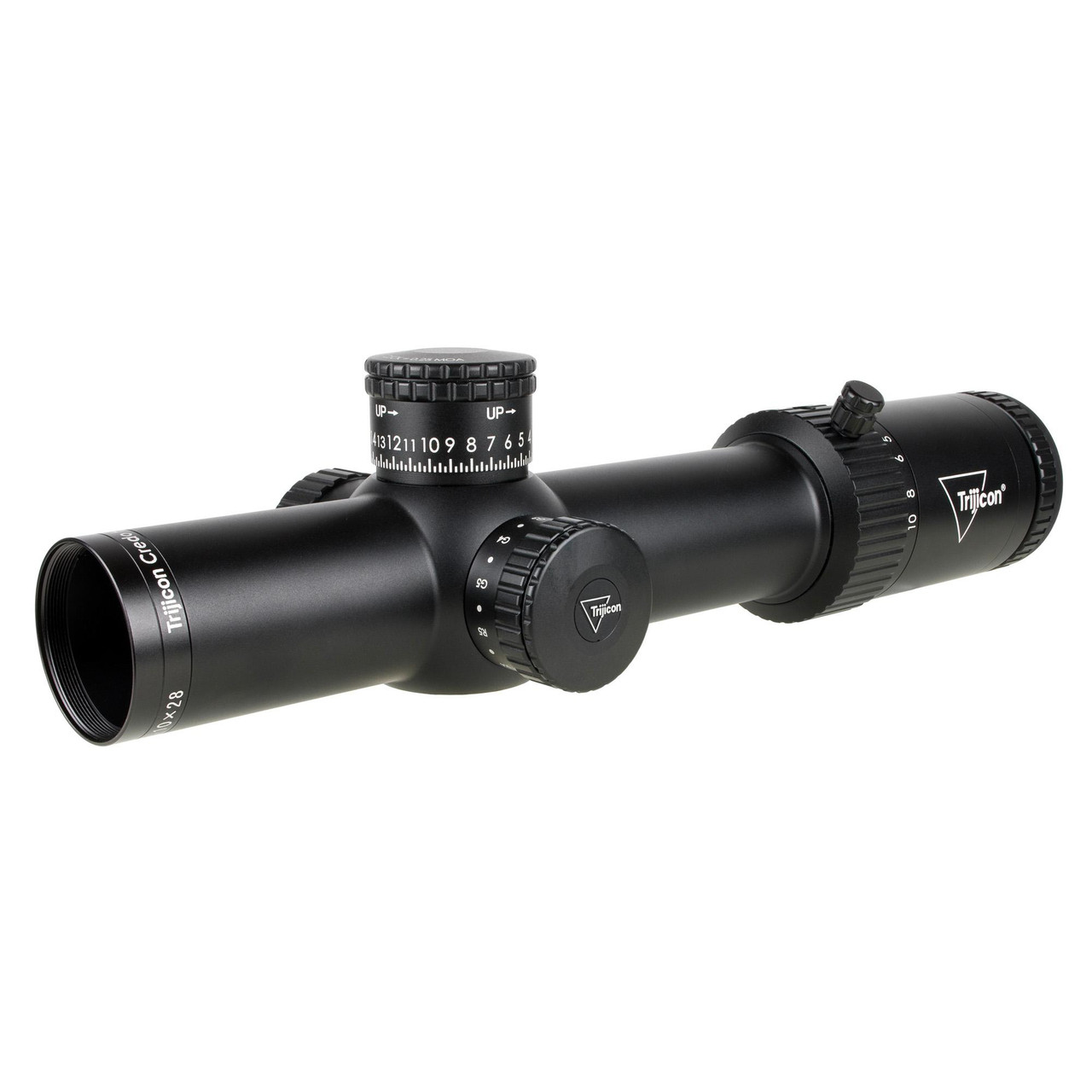 Trijicon Credo Hx 1-10x28 Ffp Moa rifle scope, black optic with adjustable turrets and magnification rings.