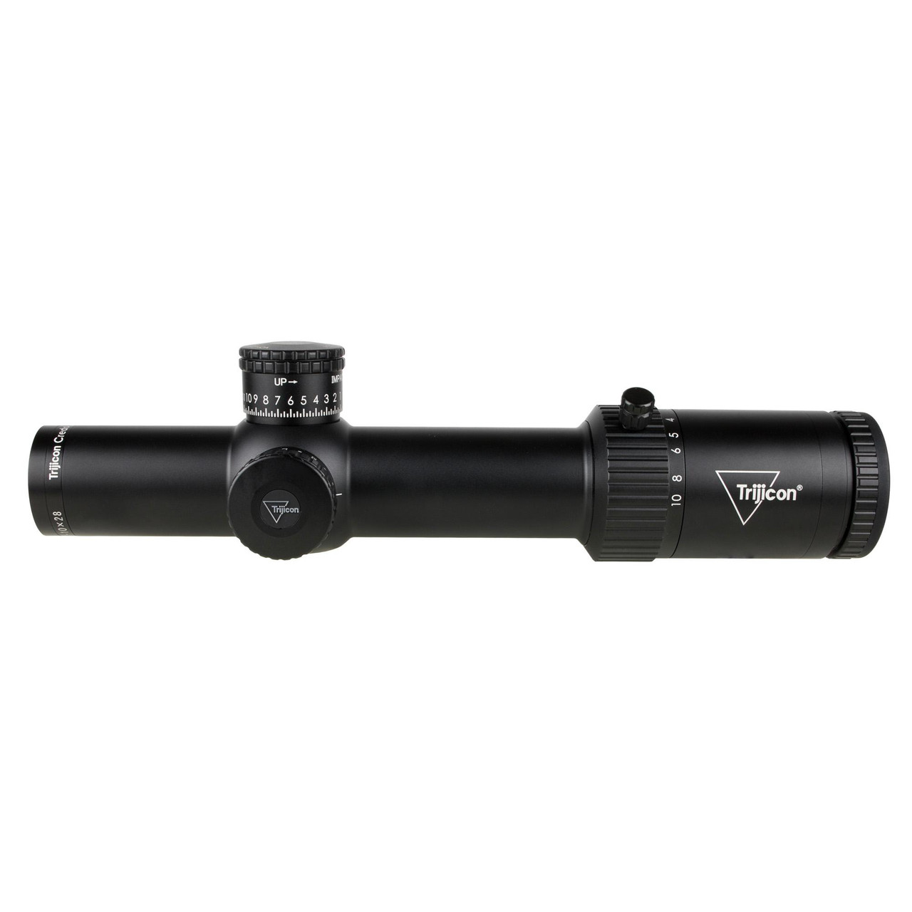 Trijicon Credo Hx 1-10x28 Ffp Moa rifle scope, black with adjustable zoom and MOA reticle.