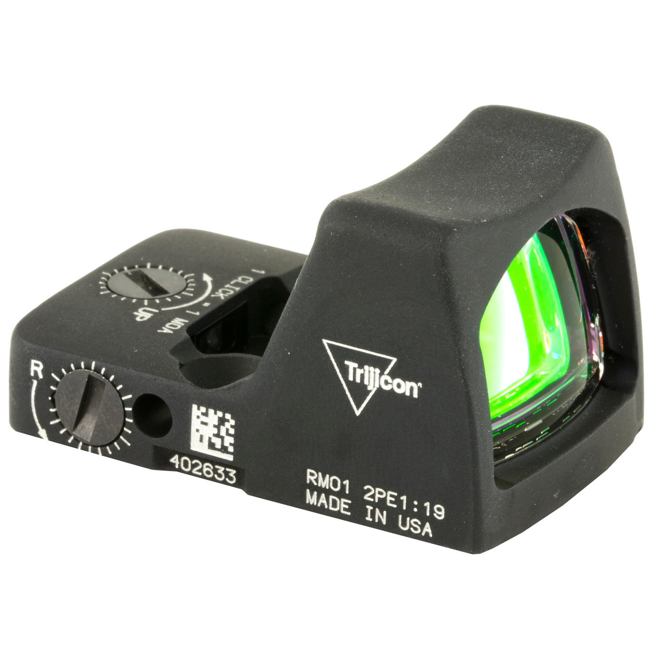 Trijicon - RM01-C-700600 - Trijicon Rmr Type 2 3.25 Moa Blk, a compact black reflex sight with adjustable brightness controls and a green reticle used for firearms aiming.