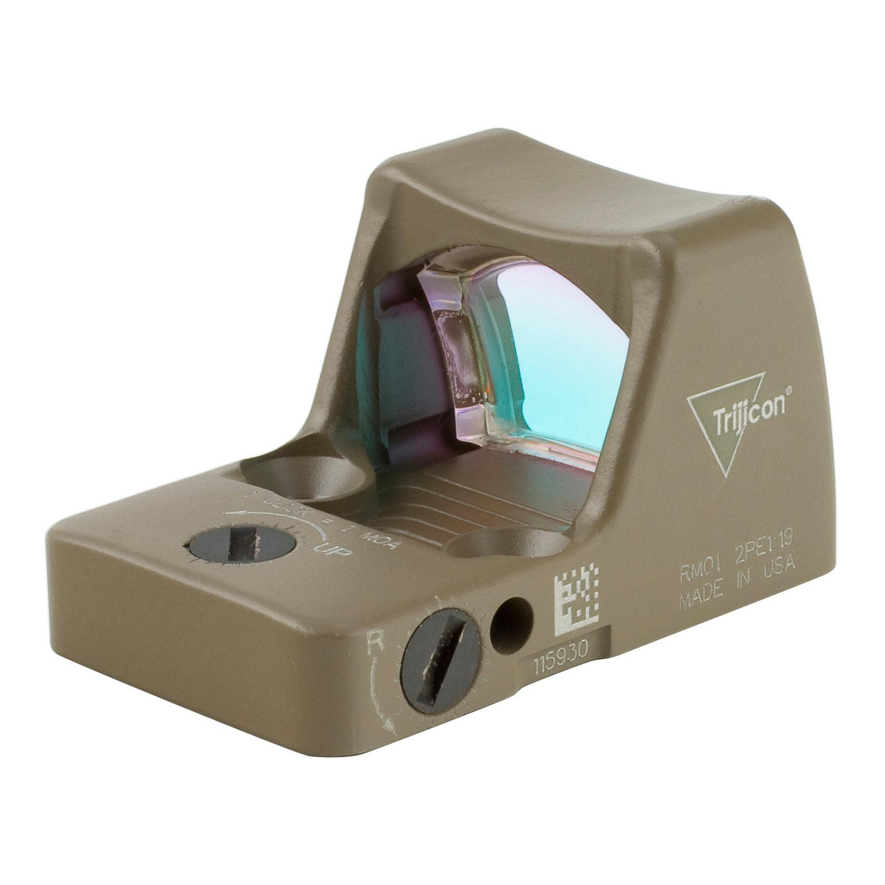 Trijicon - RM01-C-700624, Trijicon Rmr Type 2 3.25 Moa Fde, tactical rifle red dot sight with compact design and adjustable brightness on a beige mount.