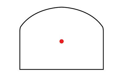 Trijicon RMR Type 2 Adj 3.25 Moa Black, close-up image of the sight's illuminated red dot aiming reticle on a white background