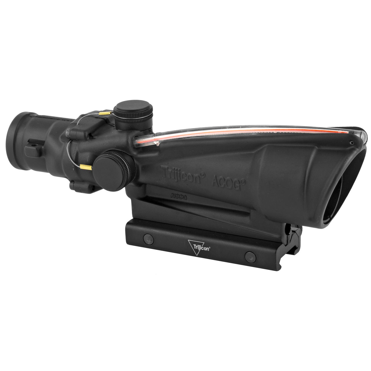 Trijicon TA11F Trijicon ACOG 3.5x35 Red Chev .223 riflescope, black military-grade optical sight with illuminated reticle and adjustable zoom for precision shooting.