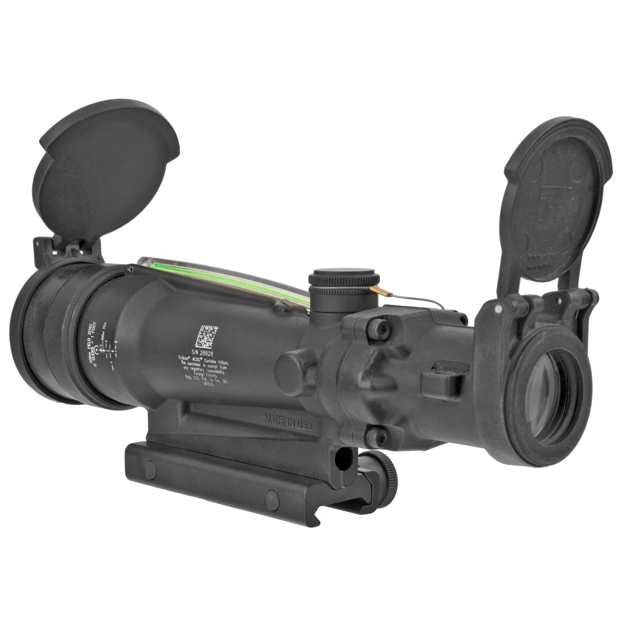 Trijicon - TA11MGO-M249 - Trijicon Acog 3.5x35 Green Hs TA51 Mount, tactical riflescope with lens caps open showing illuminated reticle.