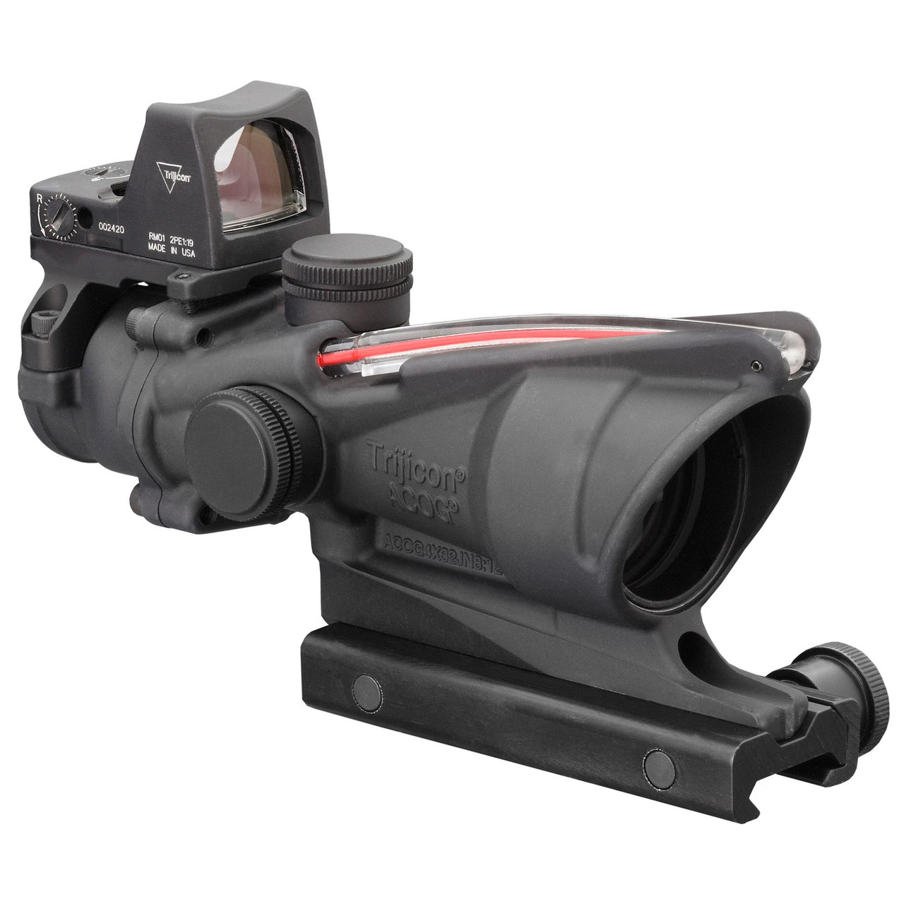 Trijicon - TA31-D-100549 - Trijicon Acog 4x32 Red Cv 223 W/rmr, Close-up of rifle scope with red dot reticle, mounted on a firearm