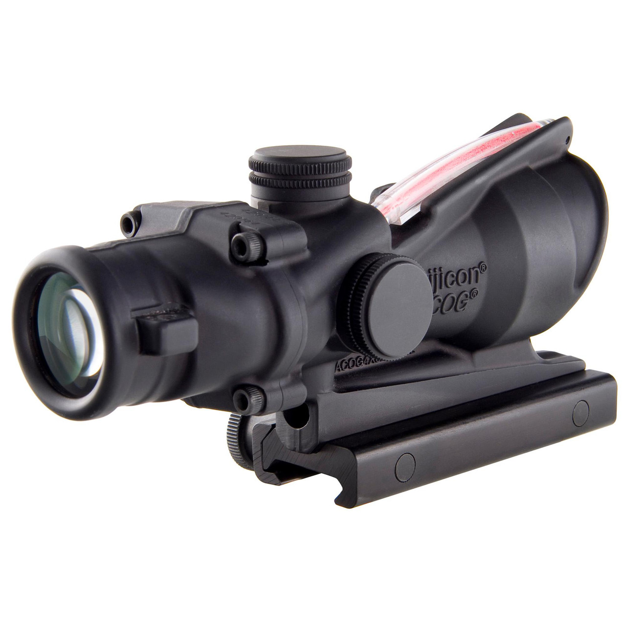 Trijicon - TA31F - Trijicon Acog 4x32 W Red Chev Flttp, a military-grade riflescope with a black matte finish, featuring adjustable zoom and aiming reticle for tactical shooting.