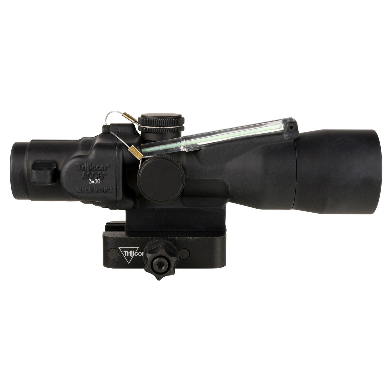Trijicon TA33-C-400373 ACOG 3x30 Green Horseshoe Dot Optic, an official Marine Corps medium-distance sight with rugged durability, featuring a black scope with adjustable knobs and a mounting base.