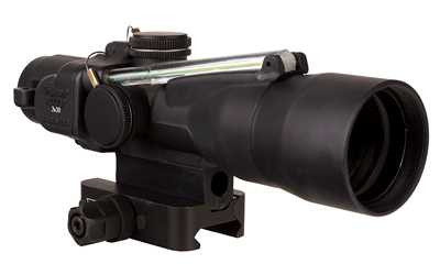 Trijicon TA33-C-400382 ACOG 3x30 Green Crosshair Scope, black 3x30 rifle optic shown at an angle with its mounting base and large objective lens