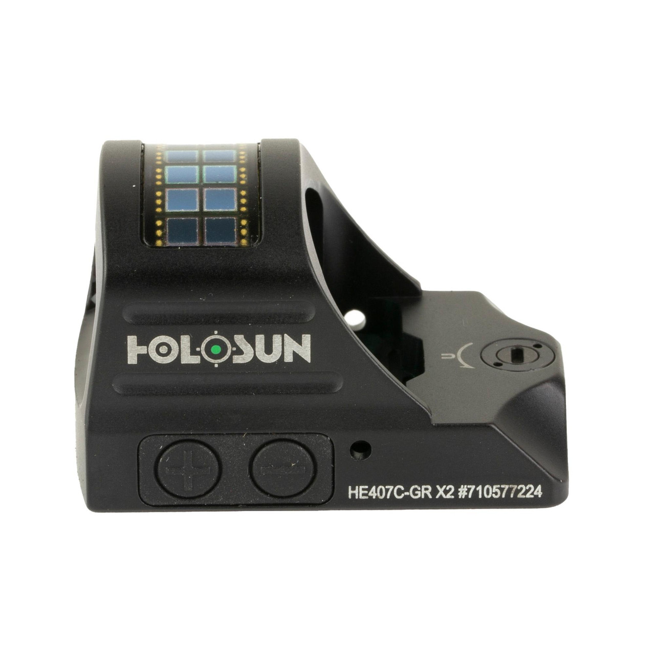 Holosun Technologies Holosun HE407C-GR X2 ELITE Reflex Sight - High Precision 2MOA Green Dot with Shake Awake Technology for Enhanced Shooting Performance, compact and durable firearm sight with control buttons and a solar panel for energy efficiency.