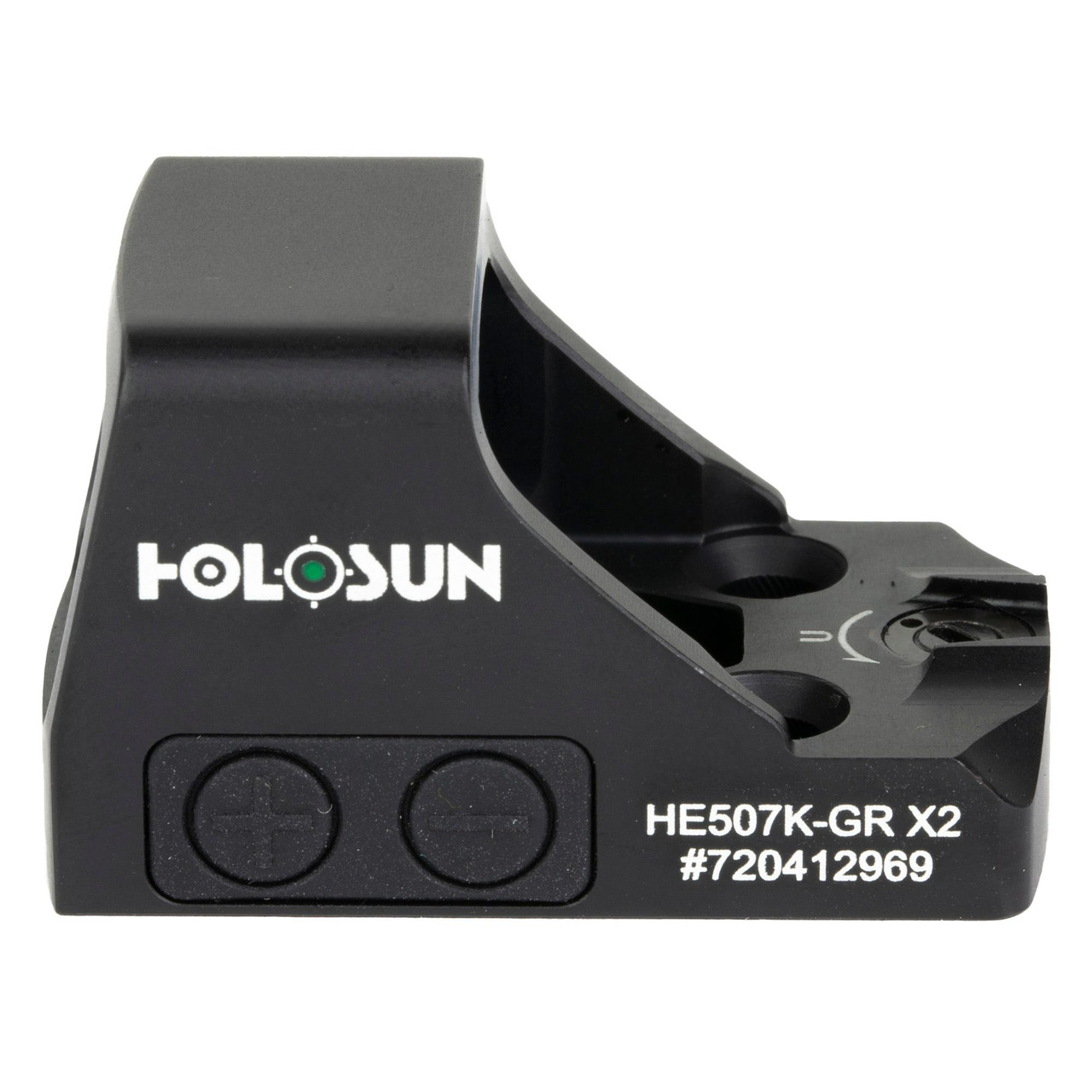 Holosun Technologies Holosun HE507K-GR X2 Green Reflex Sight for Subcompact Pistols, close-up of black sight with control buttons and logo, showcasing long battery life and Shake Awake technology.