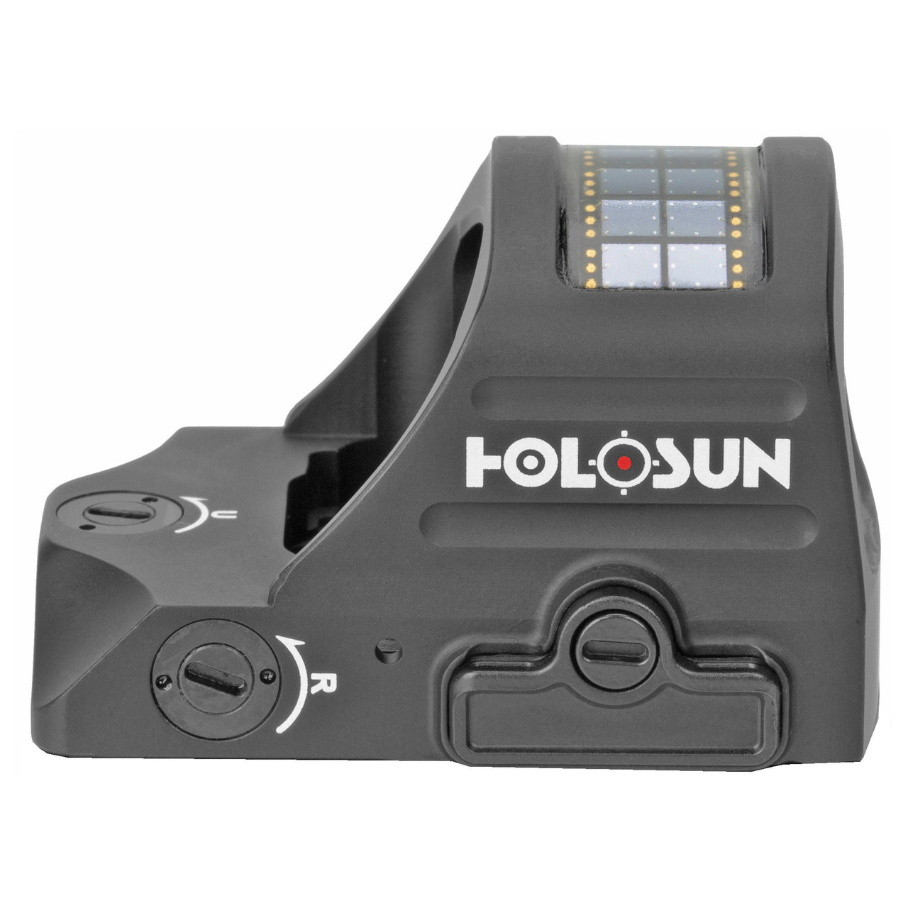 Holosun Technologies Holosun HS507C X2 Reflex Sight - Advanced Solar Red Dot Optic for Pistols with Multi-Reticle System & 50,000 Hour Battery Life, close-up view of the compact sight with reticle display and mounting base.
