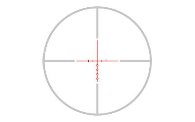 EOTECH VDX2-12SFBD1 2-12x Precision Rifle Scope with Vudu BD1 Reticle and Illuminated Turrets, image of the scope's reticle with red crosshairs and measurement markings.