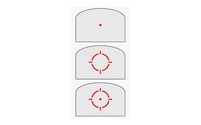 Riton Optics 3TMPRD324 Tactical Red Dot Sight, digital image showing the sight with three different reticle options including a dot, a crosshair, and a circle with a dot, highlighting its adjustable reticles and shake awake technology.