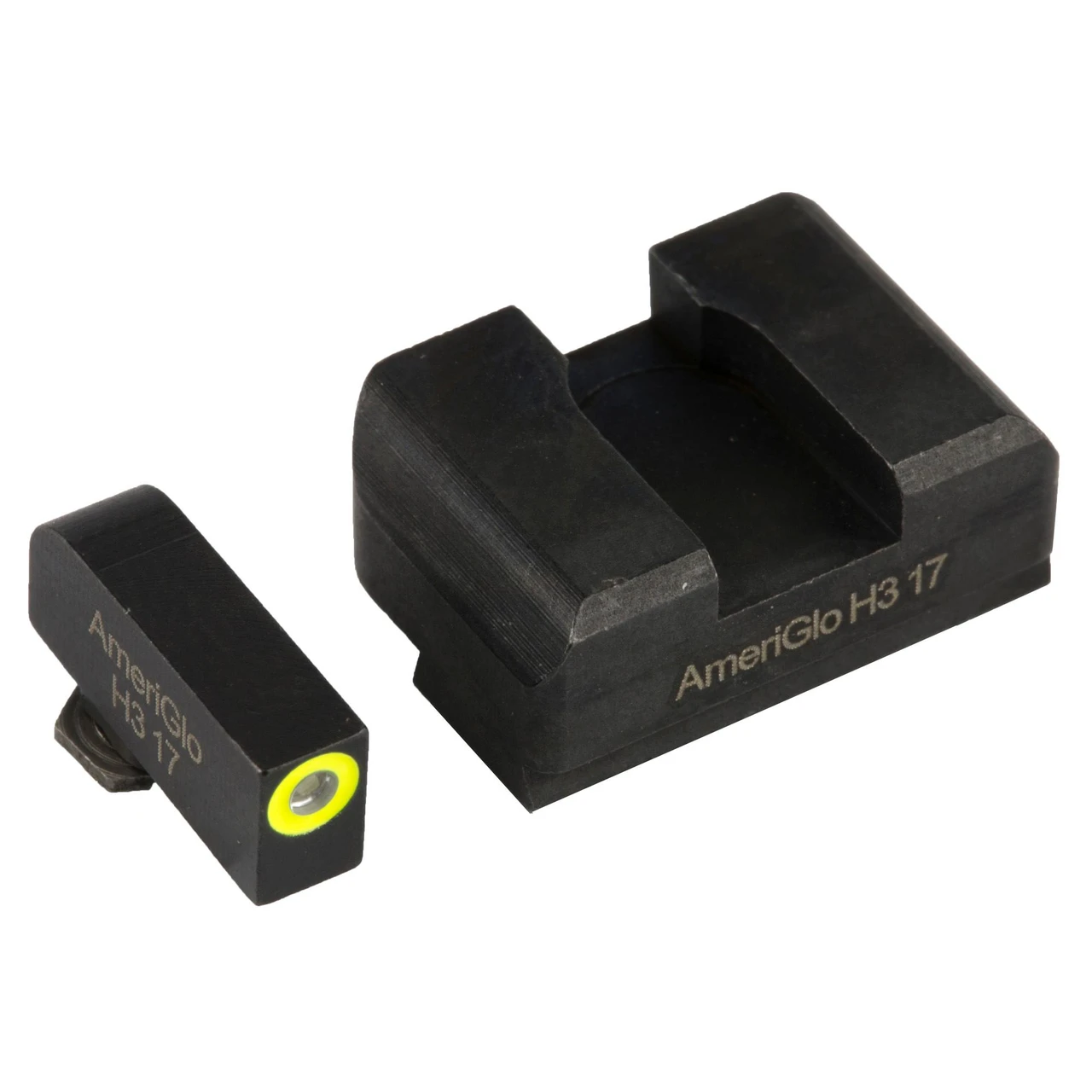 AmeriGlo GL-301 Pro-Dot Green Sight Set for Glock, including front and rear sights with bright green dots and mounting tools for precision target acquisition and low-light performance.