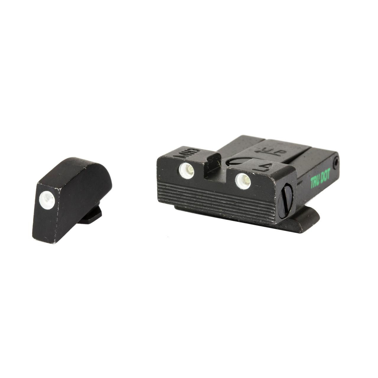 Meprolight 0202243101 Self-Illuminated Night Sights for Glock 17, 19, 20 & 21 - Combat Proven Accuracy in Low Light Conditions, image showing a set of self-illuminated night sights for Glock pistols with green luminescent markings on the rear sight