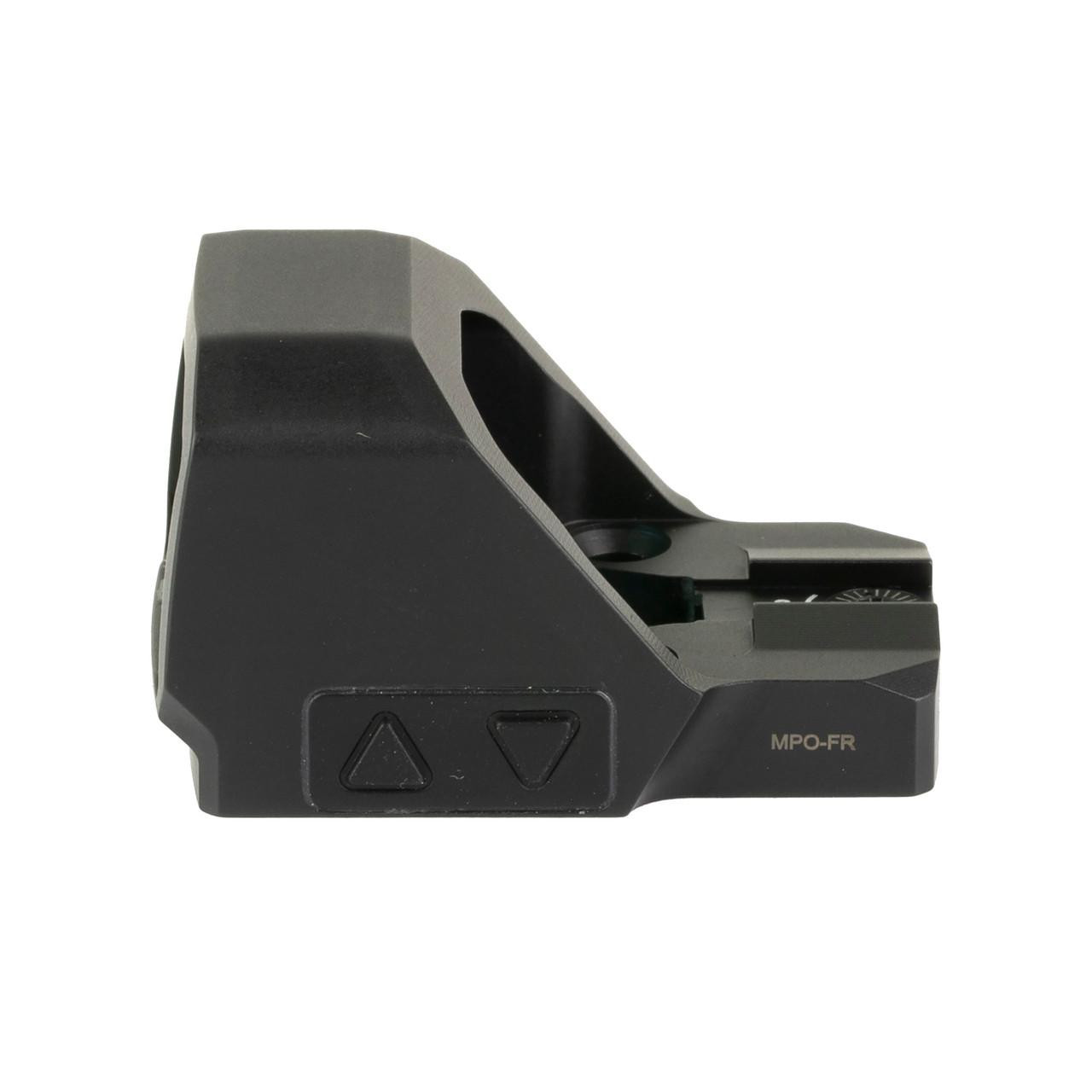 Meprolight MPO-F Red Dot Sight - 3/33 MOA Bull RMR Compact Optic for Pistols - Night Vision Compatible, Waterproof, 20,000+ Hour Battery - Image Showing the side view of the black, rugged, and compact sight with adjustment buttons.