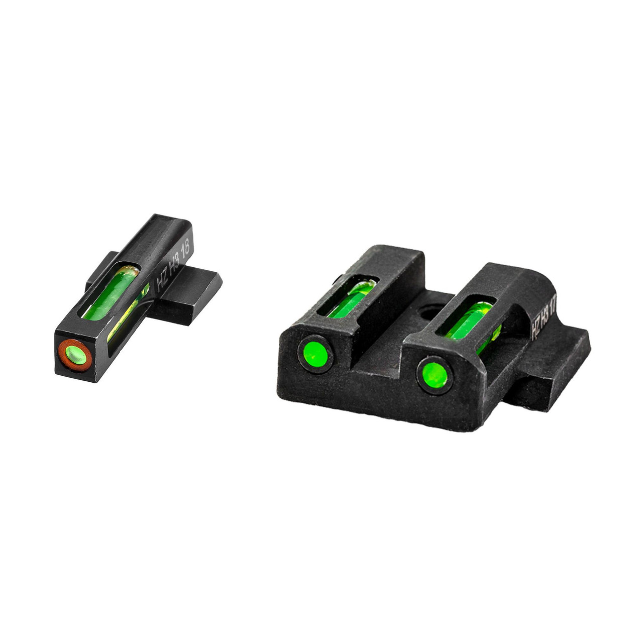 Hi-Viz MPN521 LiteWave H3 Night Sights for M&P Pistols, gun sights featuring daytime and nighttime visibility with 12-year Tritium warranty, shown in black with green glowing sights.