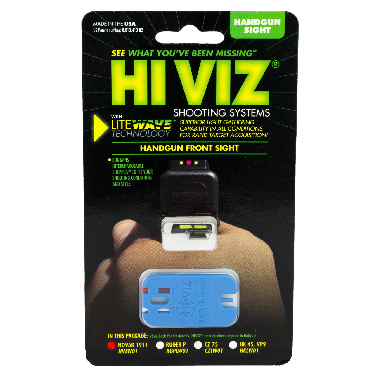 Hi-Viz NVLW01 LiteWave Front Sight for Novak 1911 - Interchangeable Green, Red & White LitePipes, a handgun sight with adjustable LitePipes in multiple colors, designed for rapid target acquisition.