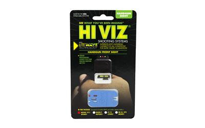 Hi-Viz NVLW01 LiteWave Front Sight for Novak 1911 - Interchangeable Green, Red & White LitePipes, product packaging with sight installed on handgun and display information.