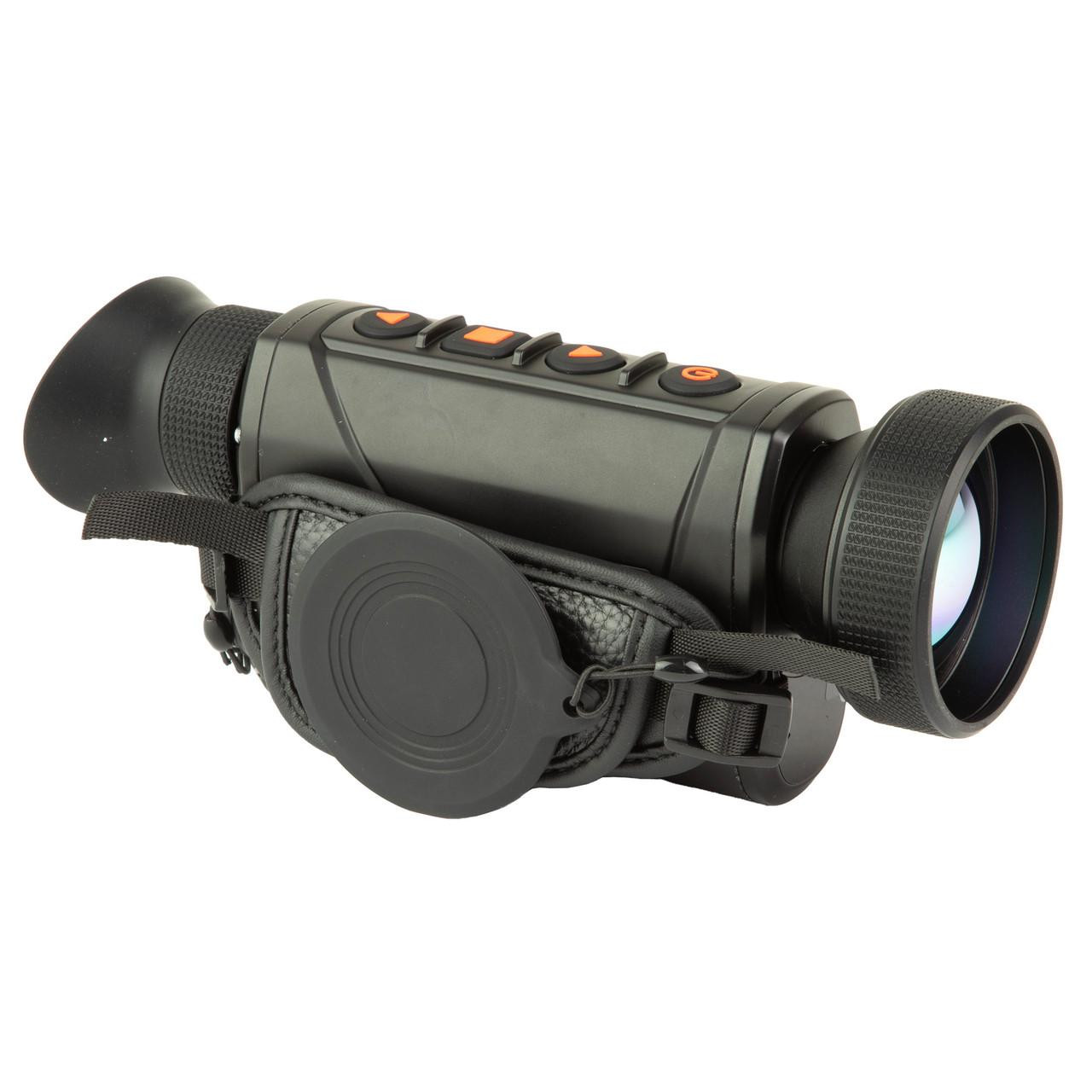 ATN BlazeHunter 3-28X Thermal Monocular with Laser Range Finder, featuring high sensitivity imaging and OLED display, shown in a black finish with control buttons on top.