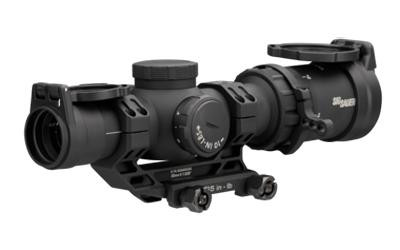 Sig Sauer TANGO-MSR SOTMC11002 High-Magnification Scope with MSR Mounts - Locking Zero Stop, Flip-Back Lens Covers & Side Focus, image showing the scope mounted on a firearm with adjustable features and protective covers.