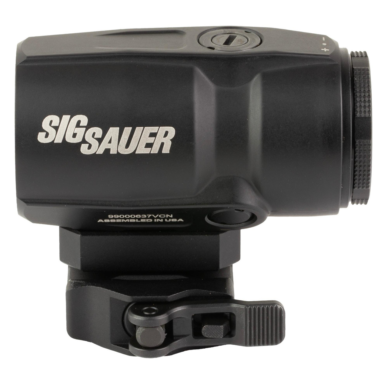 Sig Sauer Juliet 3T Magnifier, 3X Magnification, 22mm Objective Lens, Black - SOJ3MT01, in a close-up view showing its black housing, focus adjustment, and mounting base.