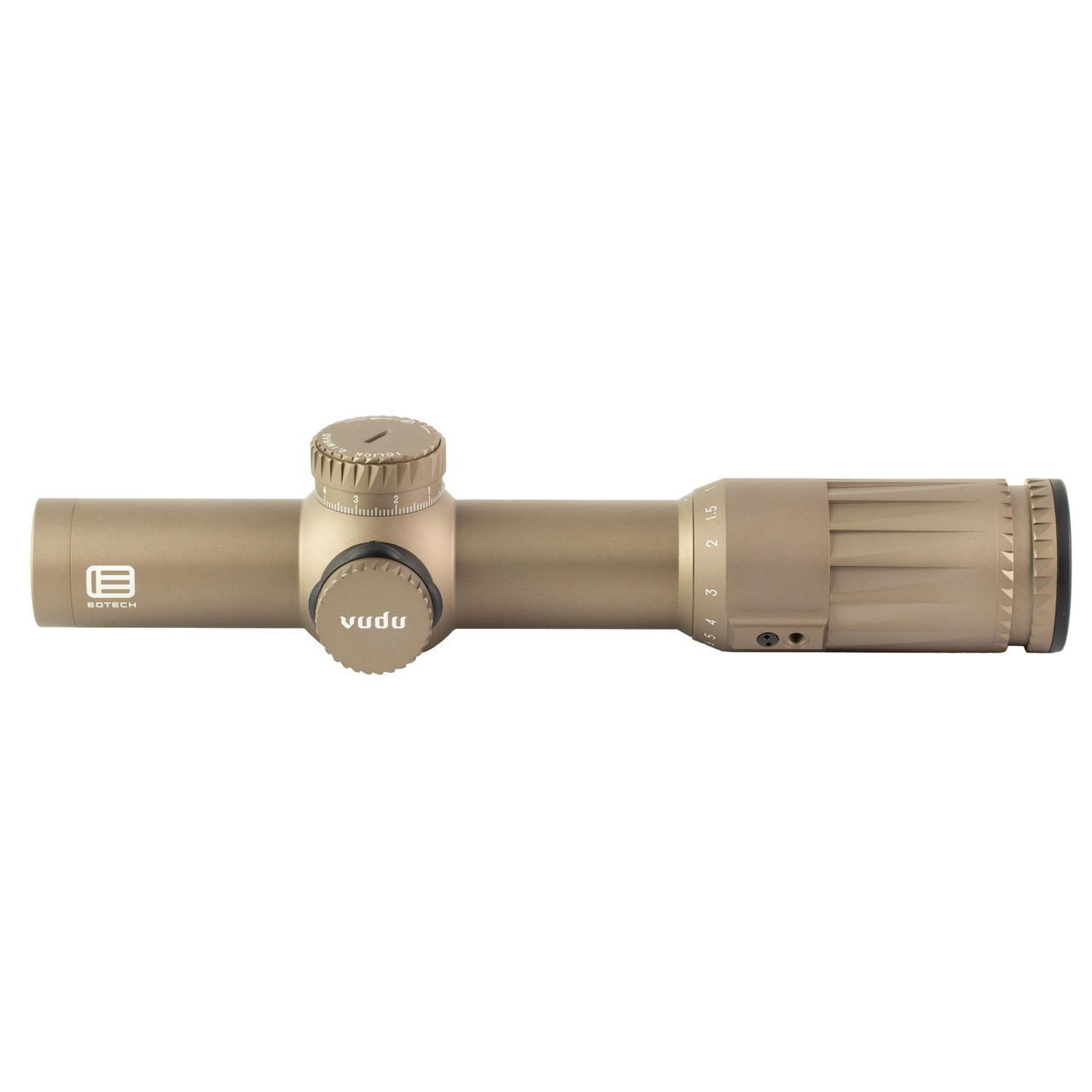 EOTECH VUDU 1-10X28MM SR5 MIL TAN Riflescope, precision 1-10x magnification with illuminated reticle and durable 34mm design, shown in a tan color.