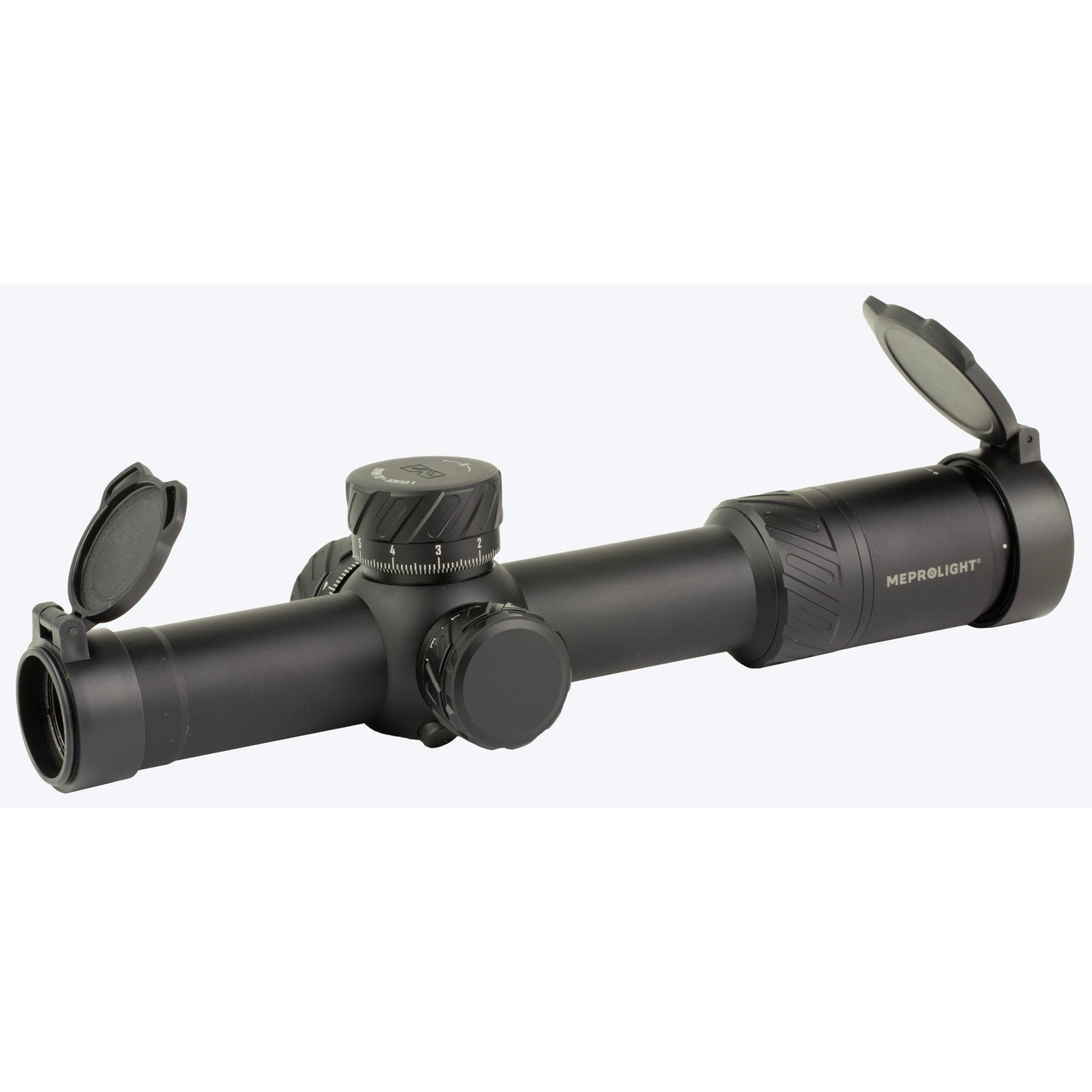 Meprolight MVO 1-8X28 FFP Scope - Versatile Low Power Variable Optic for AR15 with M1 MRAD Reticle, black tactical rifle scope with adjustable magnification, capped turrets, and flip-up lens caps.