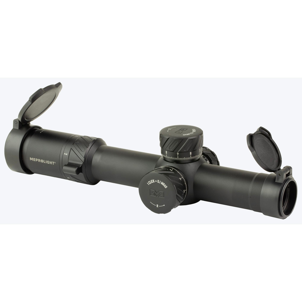 Meprolight MVO 1-8X28 FFP Scope, versatile low power variable optic with M1 MRAD reticle for AR15, shown with protective lens covers open.
