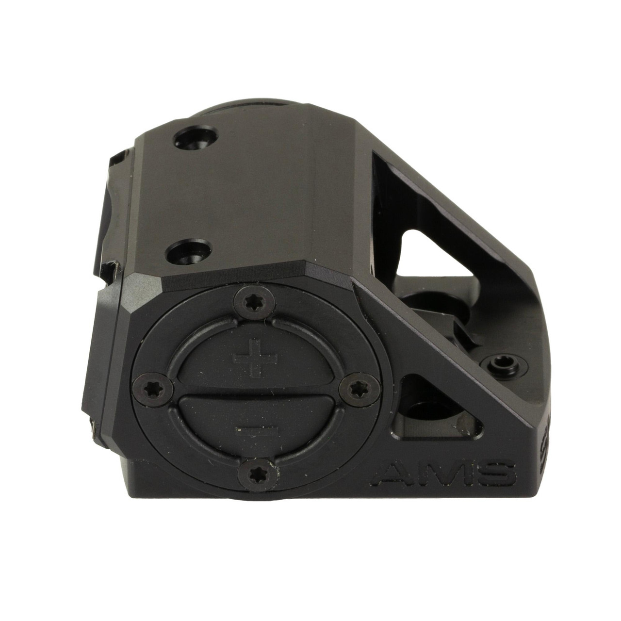 Shield Sights AMS-4MOA Advanced Mini Sight, an enclosed emitter optic with co-witness capability and 4 MOA reticle, shown in a close-up view.