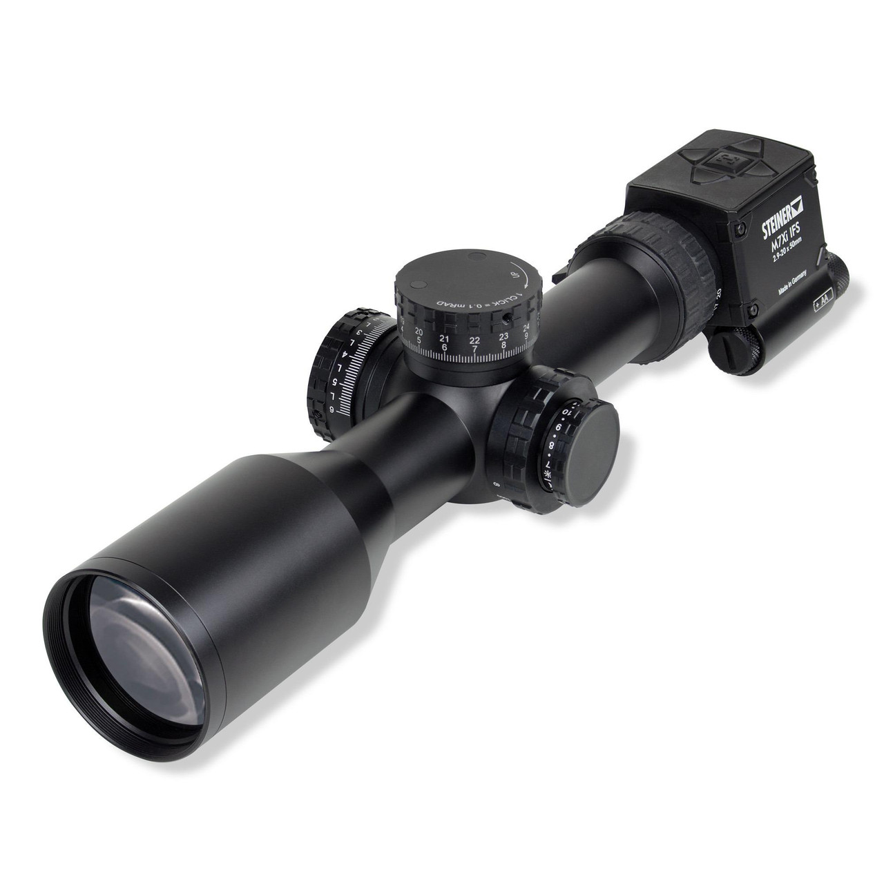 Steiner M7Xi 2.9-20x Riflescope - Precision Optic with Intelligent Firing Solution and Bluetooth Connectivity, black riflescope with multiple adjustment knobs and a long, magnified lens.