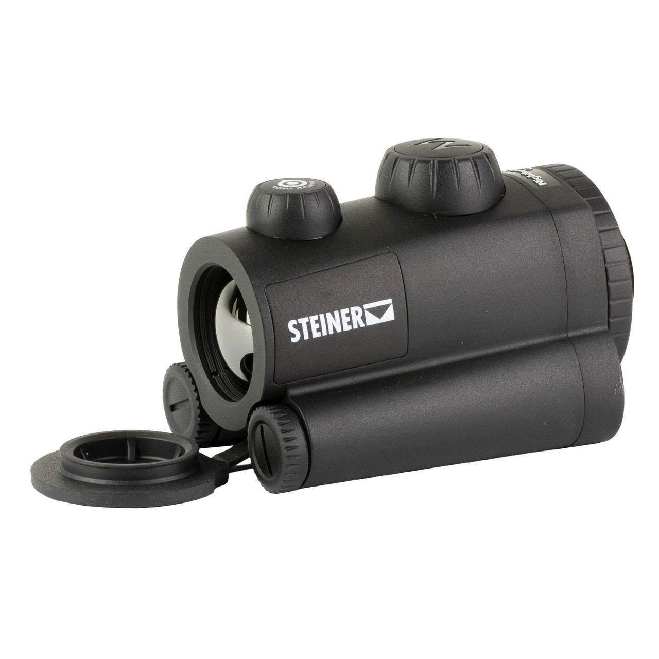 Steiner Nighthunter C35 Gen II Thermal Clip-On, a black compact thermal imaging clip-on device with adjustable knobs and lens cover for seamless integration with optical scopes.