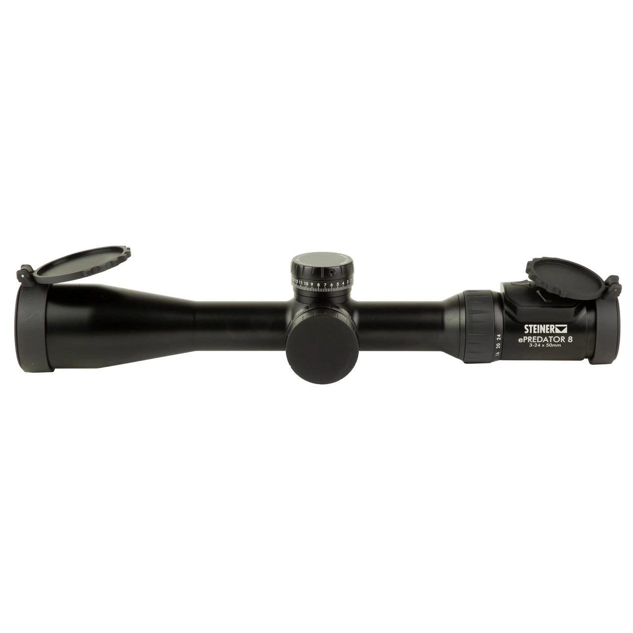 Steiner 3103 ePredator Rifle Scope - 3-24X Variable Magnification, 50mm Objective Lens, Tactical & Hunting Scope, close-up view of black tactical rifle scope with lens covers open and adjustment knobs.