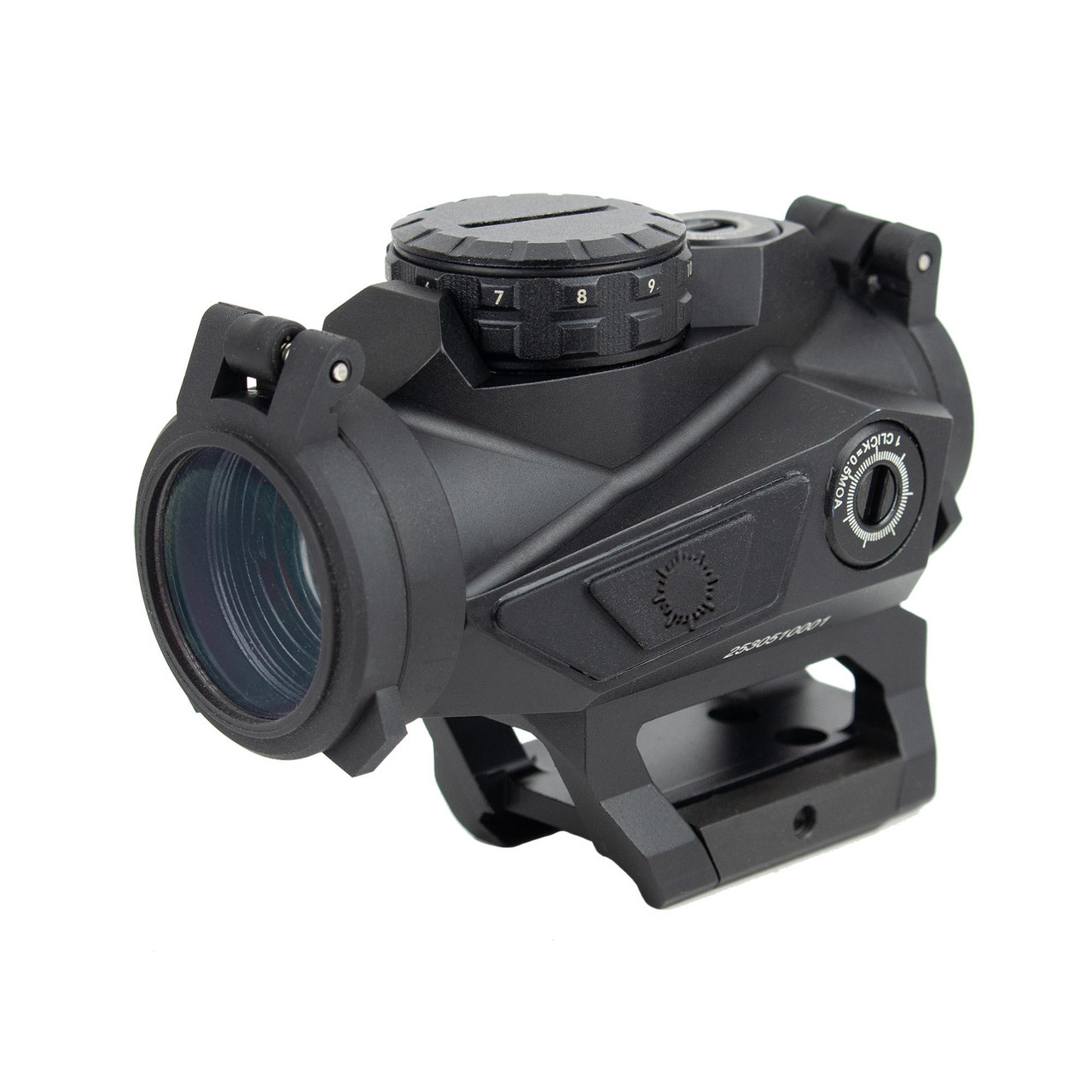Steiner 8800 T1Xi Red Dot Sight - 60 MOA Circle & 2 MOA Dot, Night Vision Compatible, 50,000 Hour Battery Life, black tactical rifle scope with mounting rail and adjustable brightness dial.