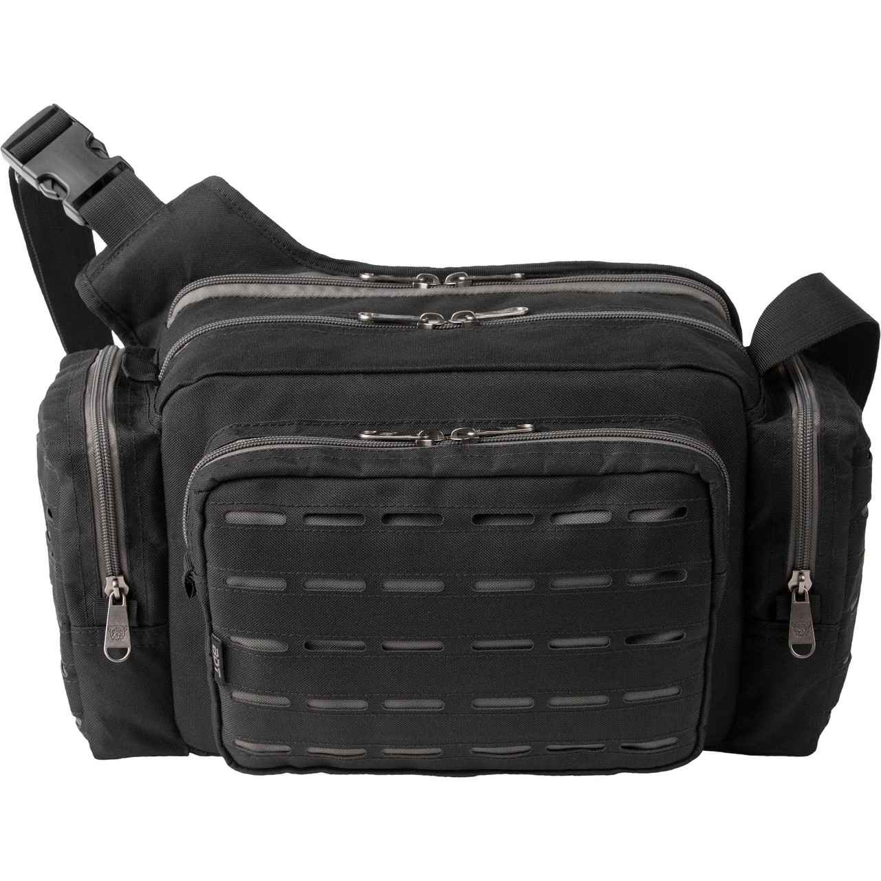 Bulldog Cases BDT404B, black multi-compartment shoulder bag with multiple zippers and front pocket, ideal for carrying electronics and accessories.