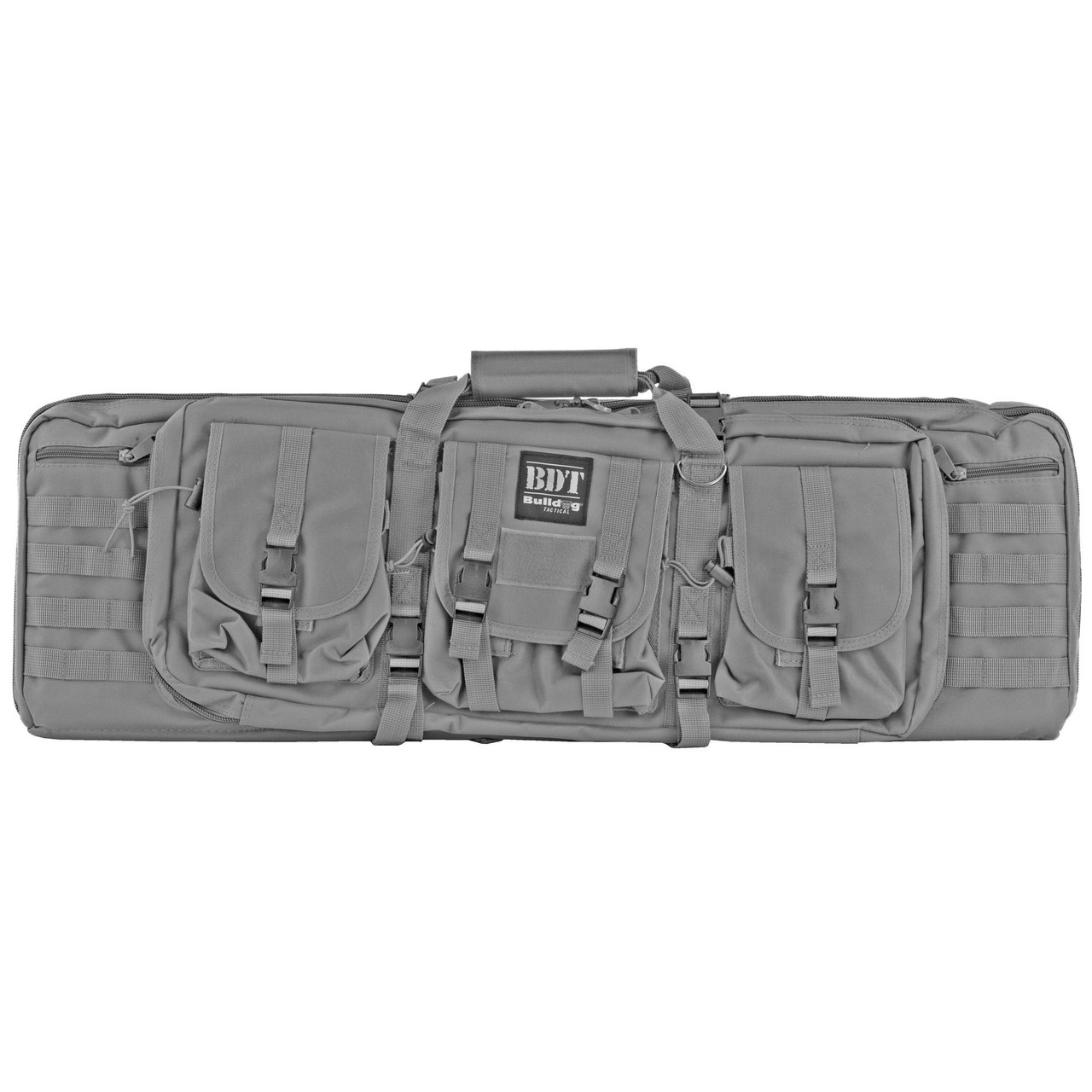 Bulldog Cases BDT60-37SG - Lockable Padded Rifle Backpack with Accessory Compartments and Hi-Vis Pockets, featuring multiple compartments, straps, and a padded carry handle for firearm transportation.