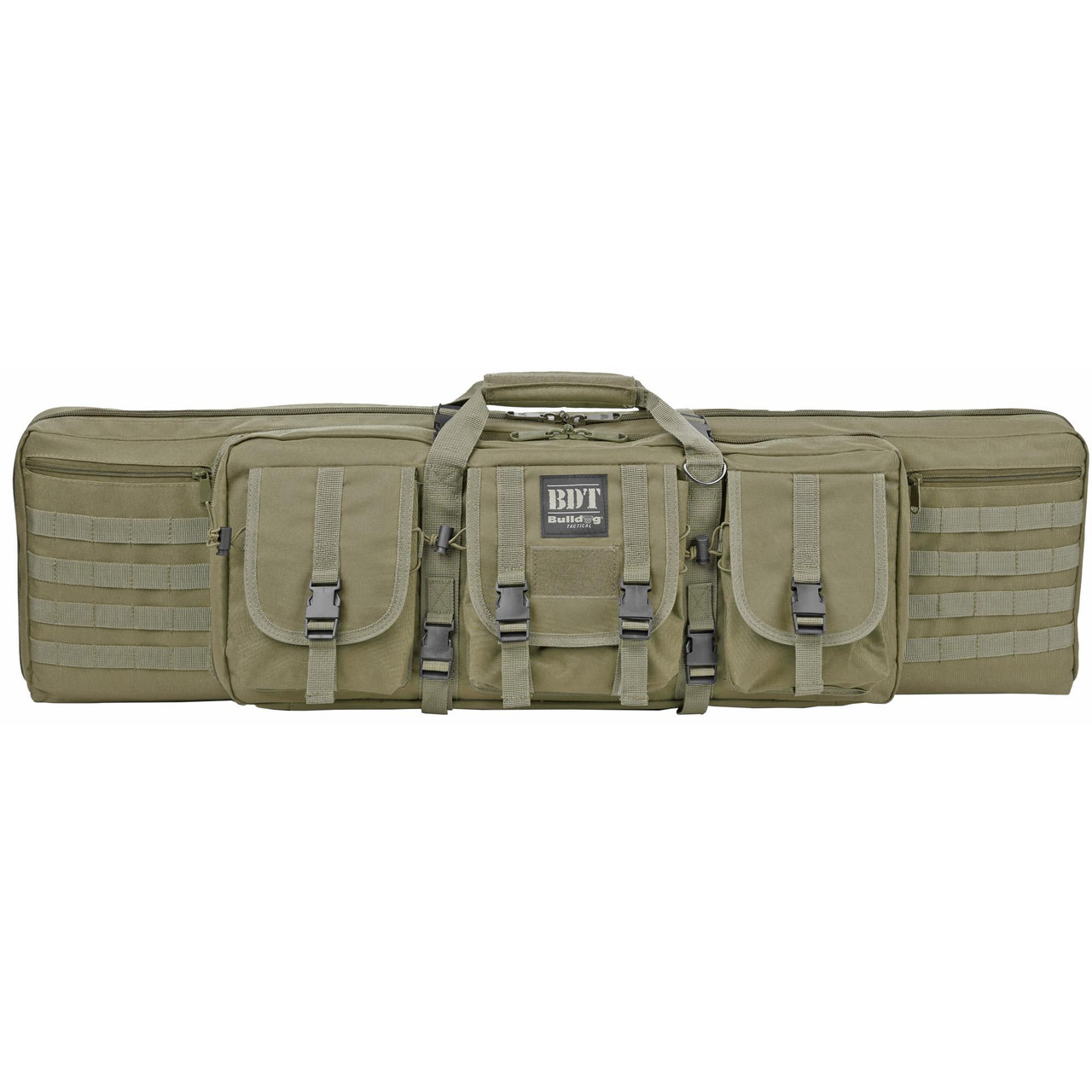 Bulldog Cases BDT35-36G, tactical gun carrying bag with multiple compartments and adjustable straps in olive drab color.