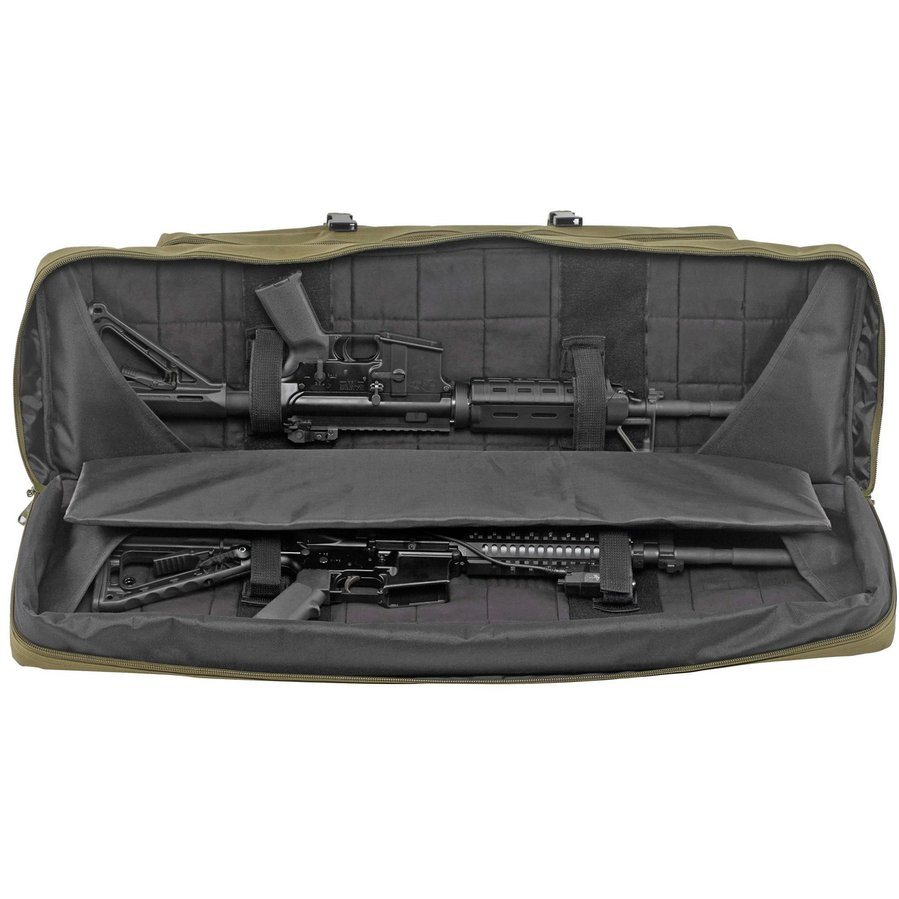 Bulldog Cases BDT60-43G Durable Nylon Rifle Case – Innovative Storage Solution for Weapons, open with two rifles secured inside.