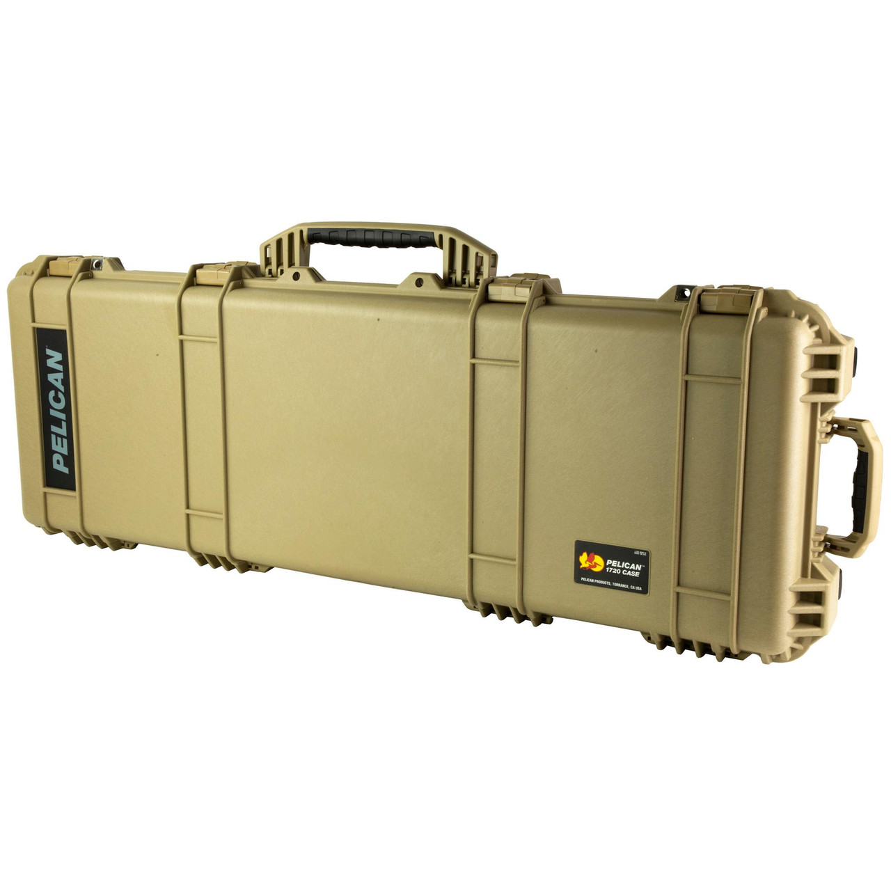 Pelican 017200-0000-190 Waterproof & Crushproof Protector Case with Foam, rugged travel gear for firearms & sensitive equipment, tan color, durable hard-shell design with secure latches and handle.