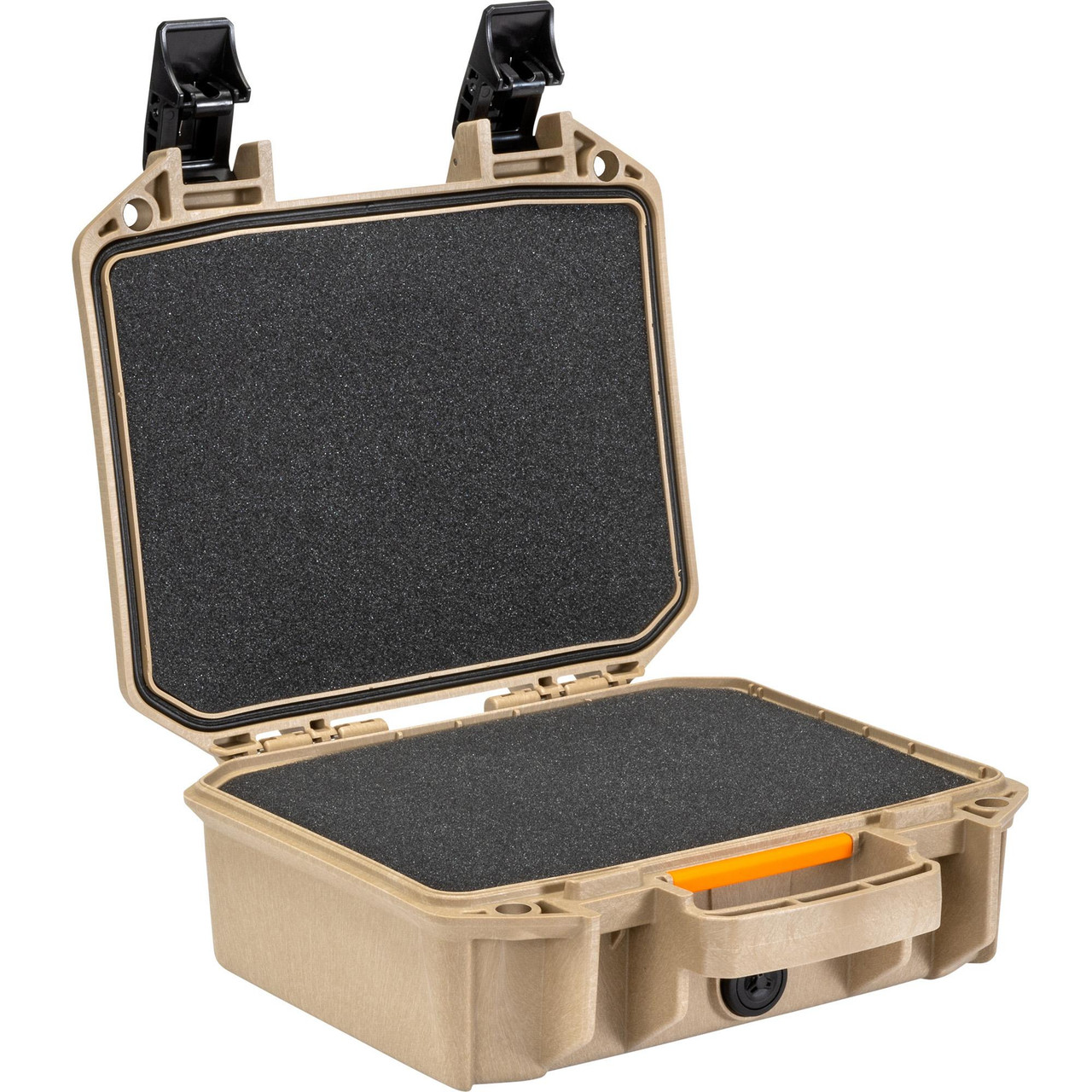 Pelican Vault VCV100-0020-TAN Equipment Case, rugged, weather-resistant, and crushproof protective storage case with foam padding, tan color, and secure latches.