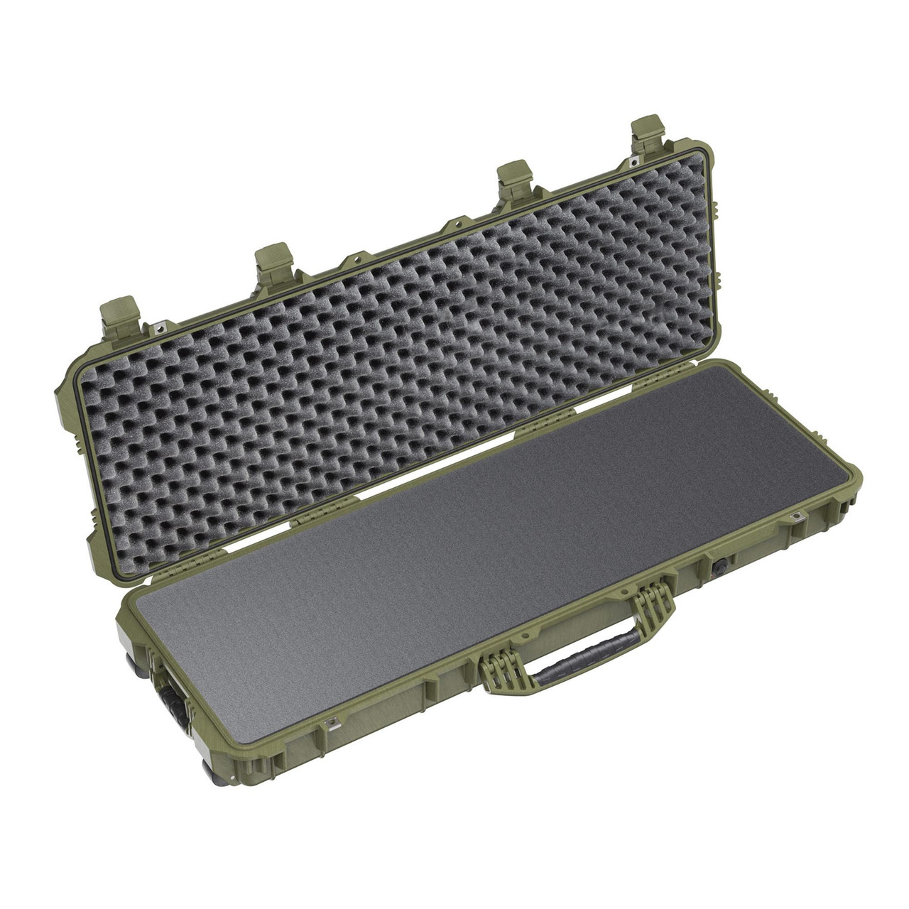 Pelican 017200-0000-130 Protector Case, watertight, crushproof, and dustproof travel case with wheels and over-molded handles open showing foam interior for secure storage and protection of valuables.