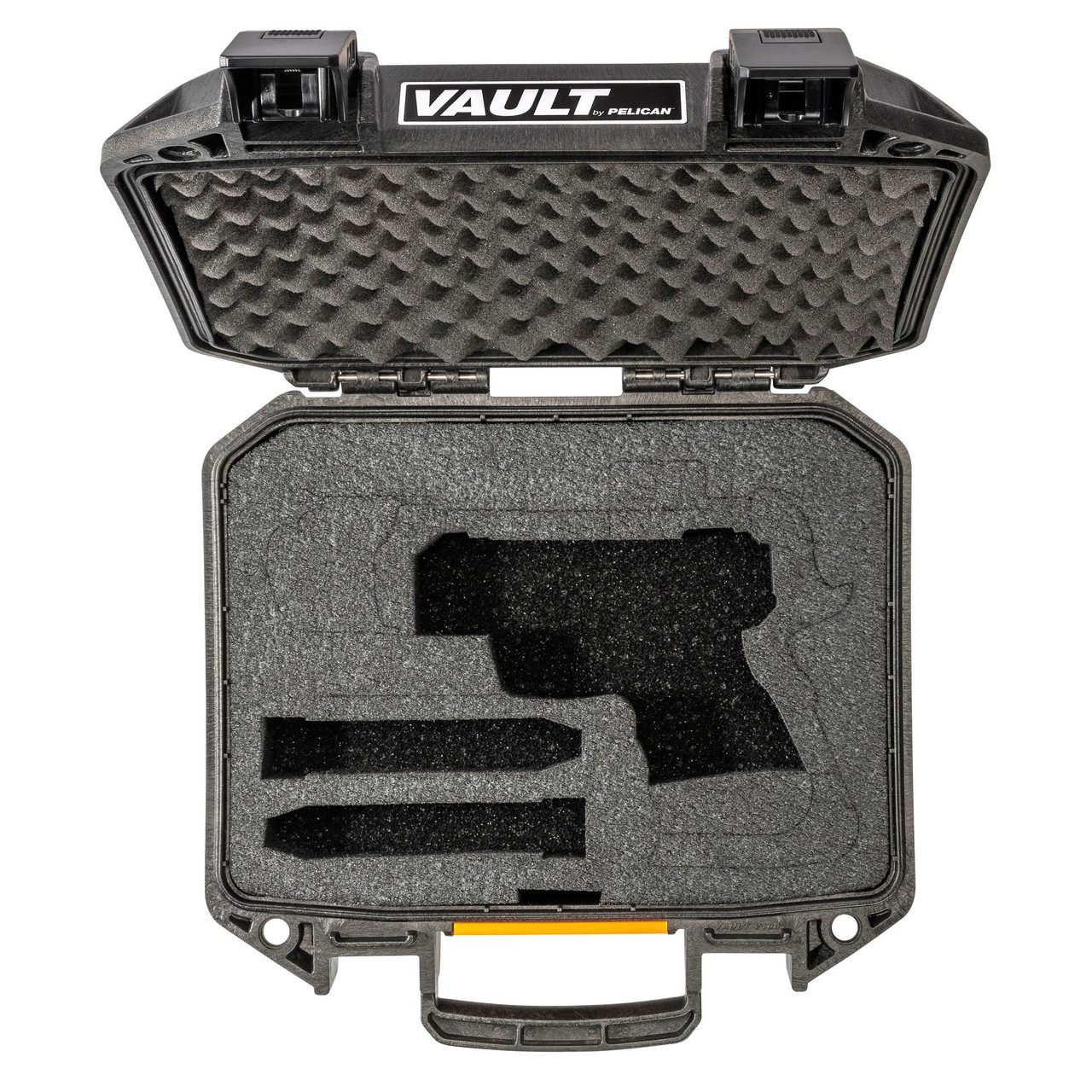 Pelican Vault VCV100-0060-BLK Gun Case, rugged black weather-resistant handgun protection case with foam interior for firearm safety and transportation.